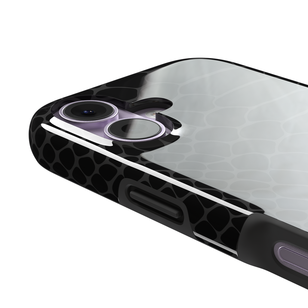 All-black snakeskin print phone case with dark charcoal scale outlines for a sleek monochrome look, phone case by Caselier — tough case, volume buttons detail