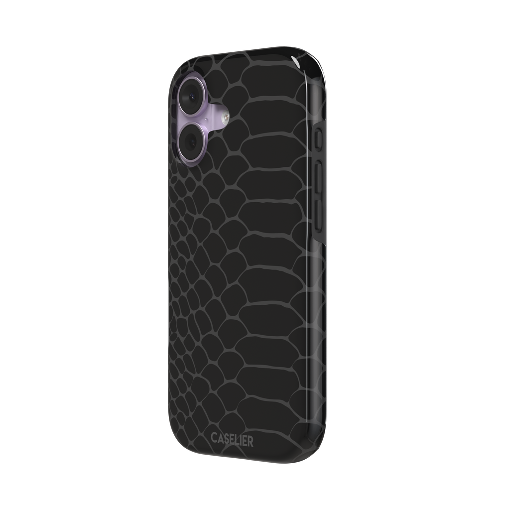 All-black snakeskin print phone case with dark charcoal scale outlines for a sleek monochrome look, phone case by Caselier — tough case, right view