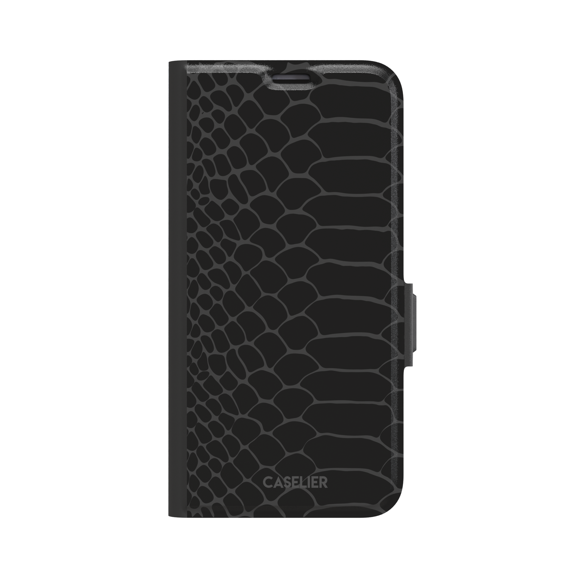 All-black snakeskin print phone case with dark charcoal scale outlines for a sleek monochrome look, phone case by Caselier — wallet case, front view