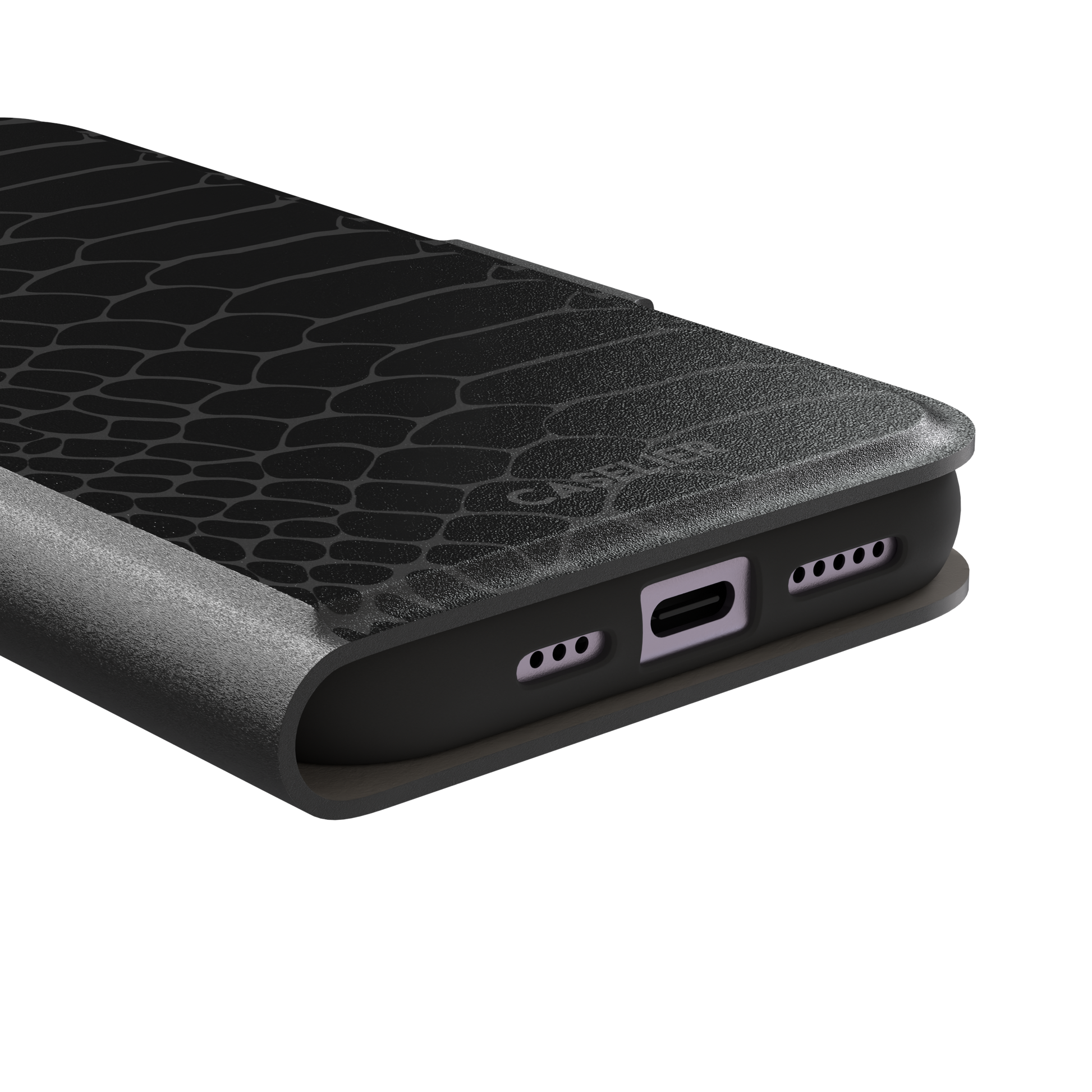 All-black snakeskin print phone case with dark charcoal scale outlines for a sleek monochrome look, phone case by Caselier — wallet case, charging port detail
