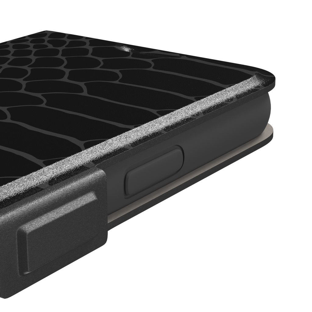 All-black snakeskin print phone case with dark charcoal scale outlines for a sleek monochrome look, phone case by Caselier — wallet case, volume buttons detail