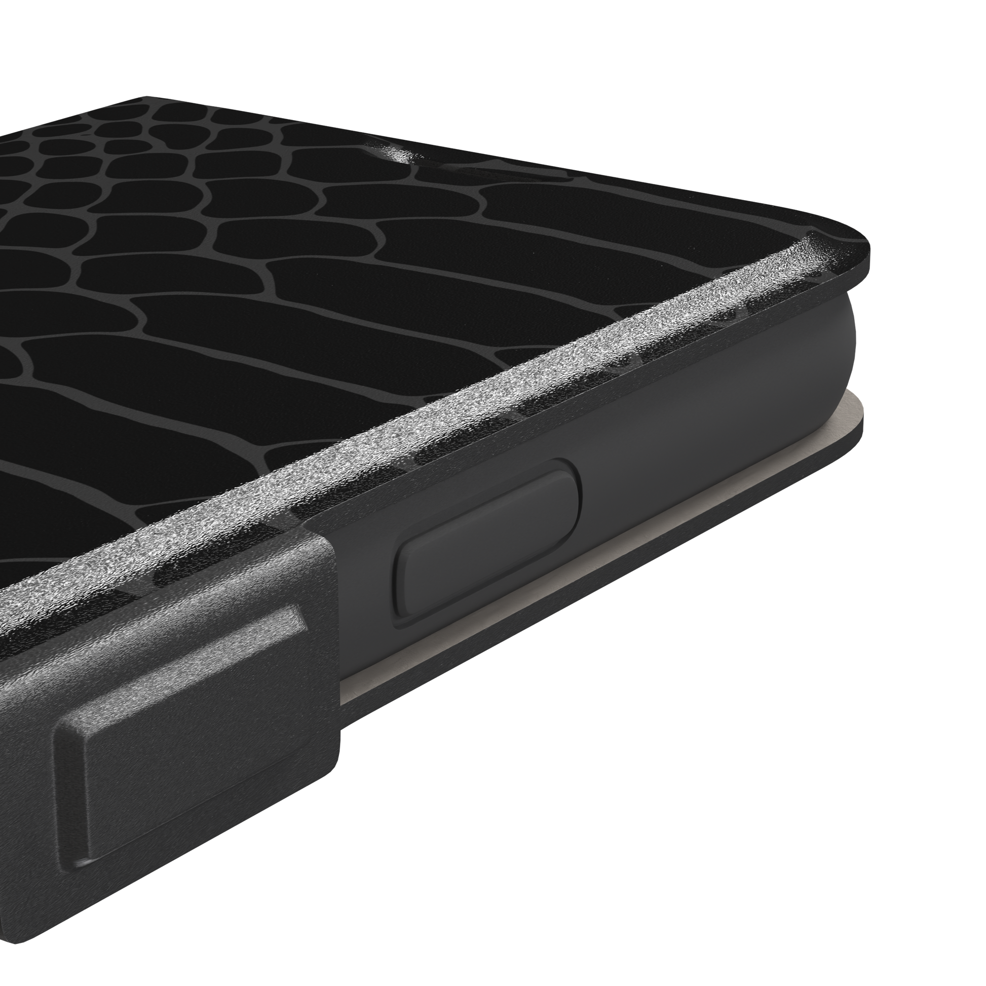 All-black snakeskin print phone case with dark charcoal scale outlines for a sleek monochrome look, phone case by Caselier — wallet case, volume buttons detail