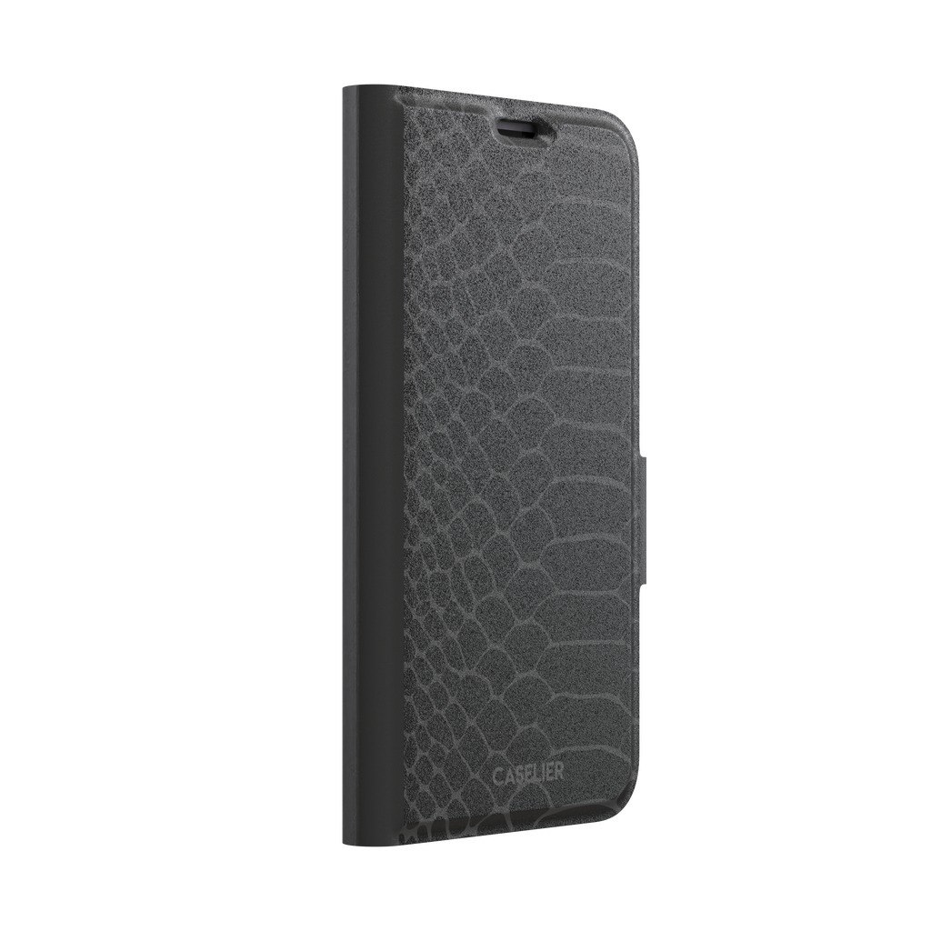 All-black snakeskin print phone case with dark charcoal scale outlines for a sleek monochrome look, phone case by Caselier — wallet case, left view
