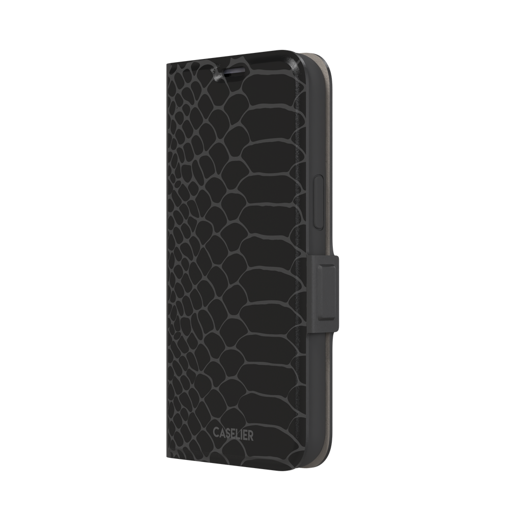 All-black snakeskin print phone case with dark charcoal scale outlines for a sleek monochrome look, phone case by Caselier — wallet case, right view