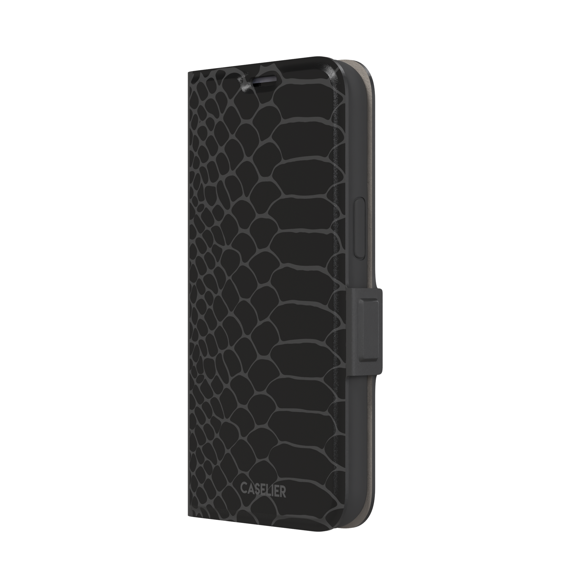 All-black snakeskin print phone case with dark charcoal scale outlines for a sleek monochrome look, phone case by Caselier — wallet case, right view