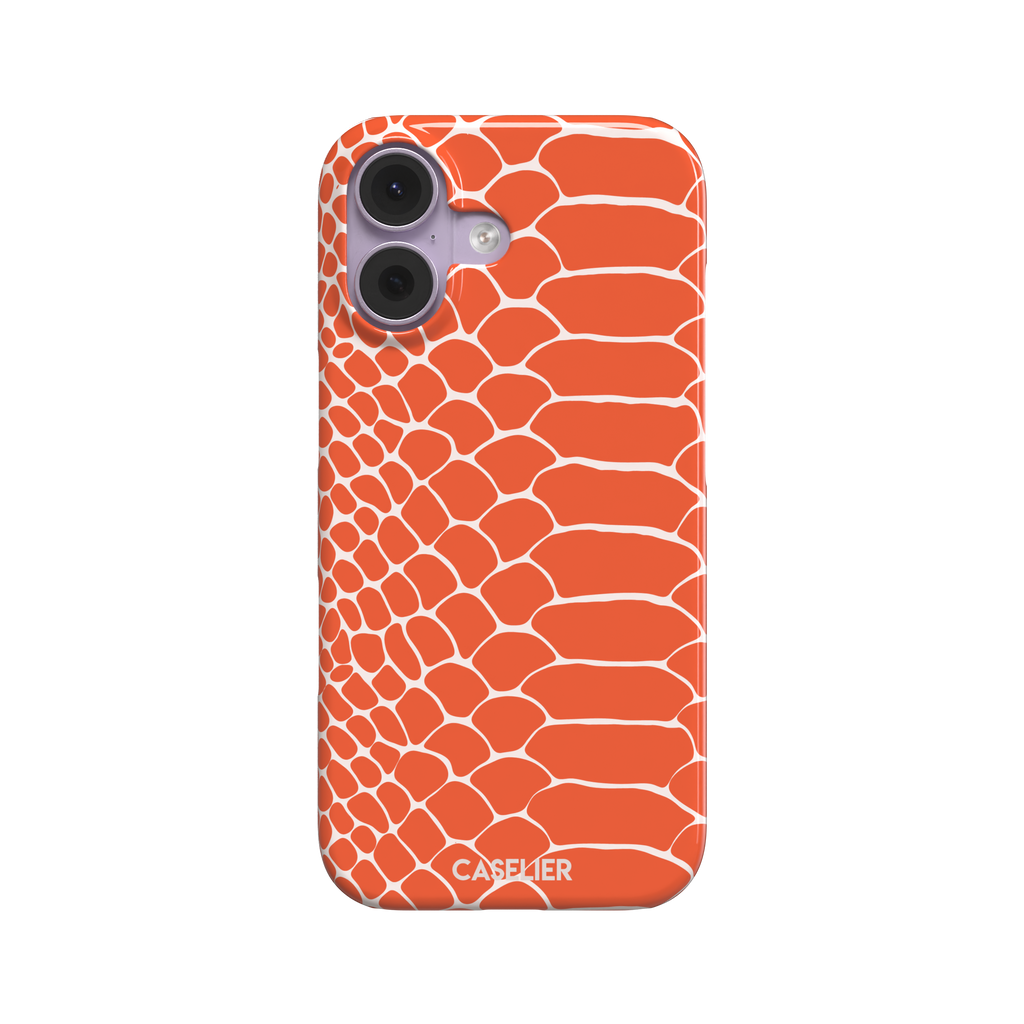 Coral orange and white snakeskin print phone case with crisp off-white scale outlines on a bold orange background, phone case by Caselier — snap case, front view