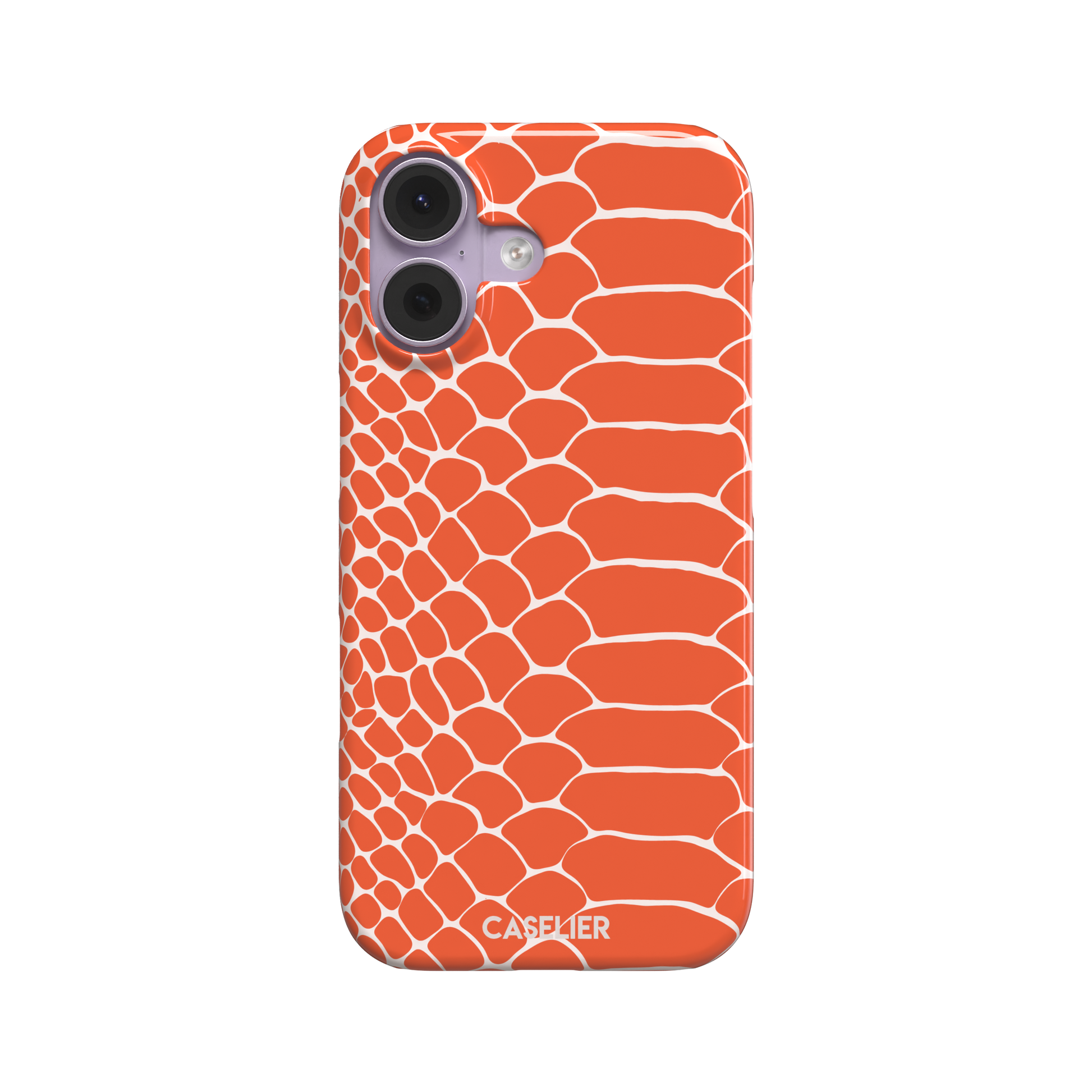 Coral orange and white snakeskin print phone case with crisp off-white scale outlines on a bold orange background, phone case by Caselier — snap case, front view