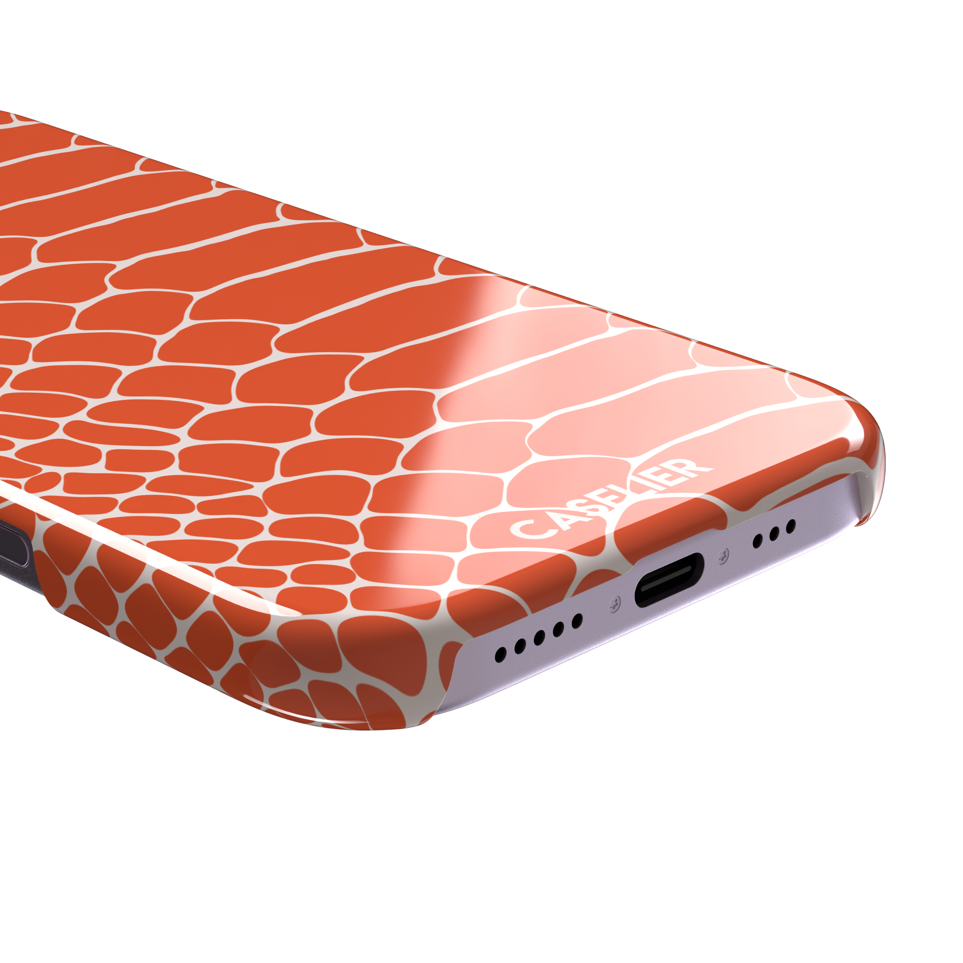Coral orange and white snakeskin print phone case with crisp off-white scale outlines on a bold orange background, phone case by Caselier — snap case, charging port detail