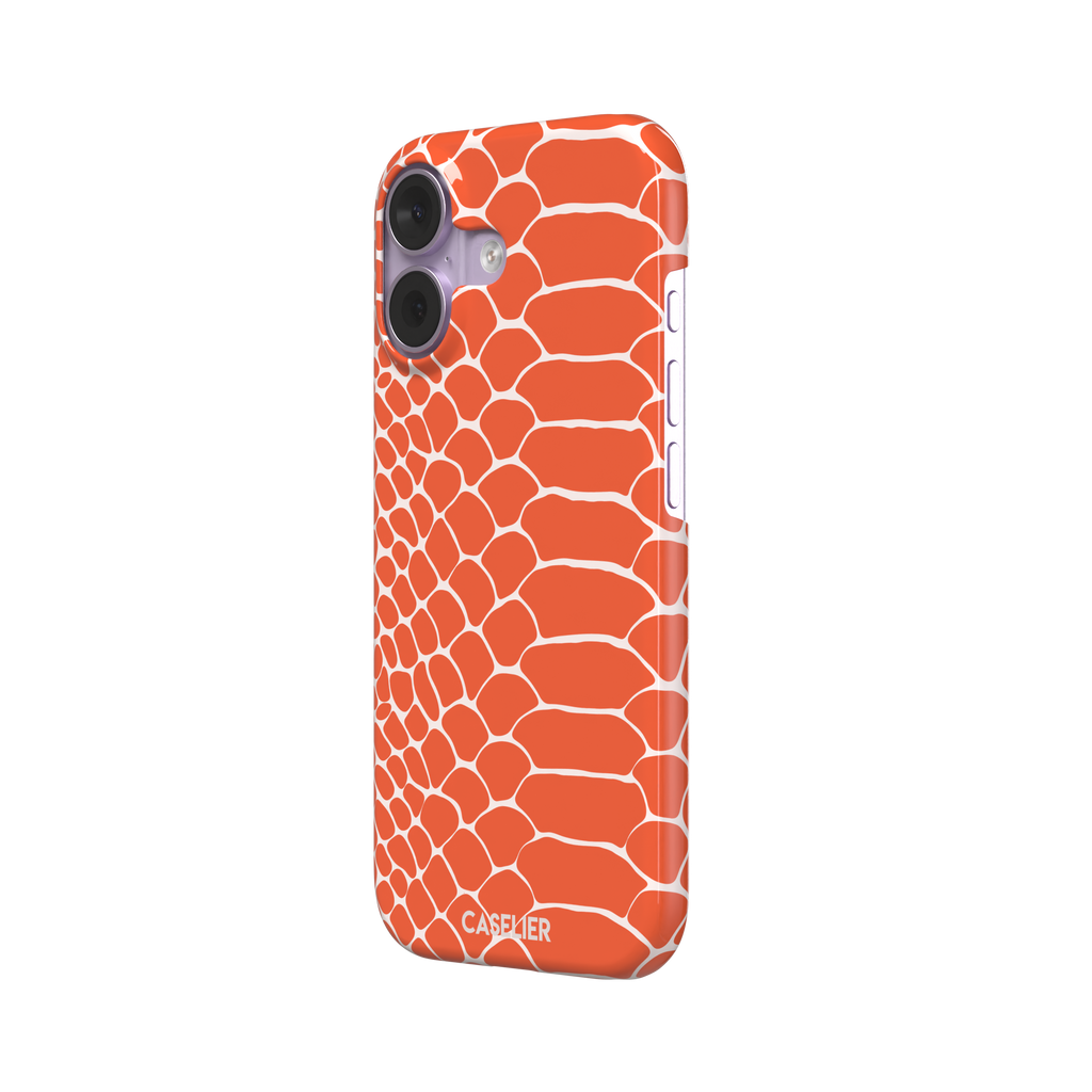 Coral orange and white snakeskin print phone case with crisp off-white scale outlines on a bold orange background, phone case by Caselier — snap case, right view