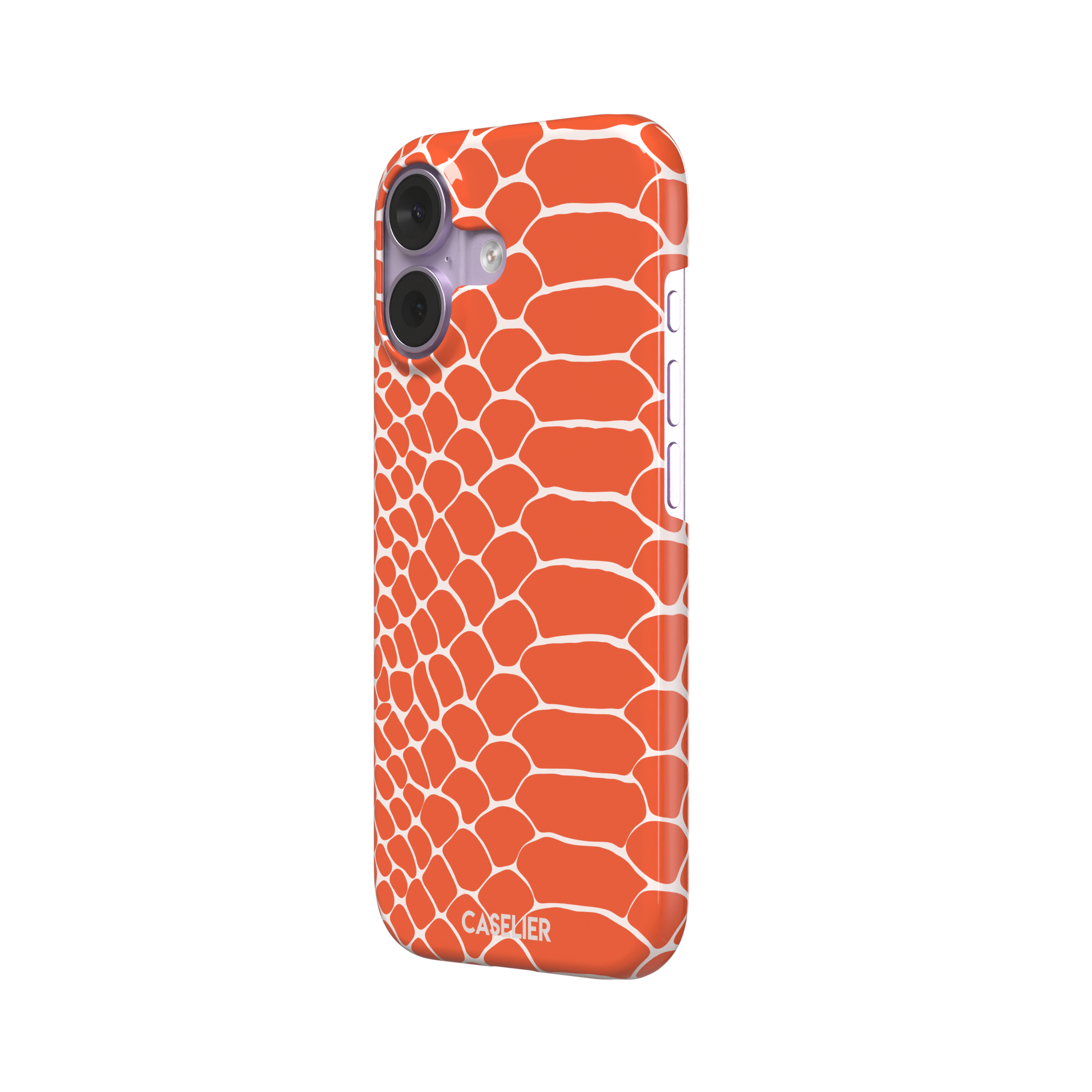 Coral orange and white snakeskin print phone case with crisp off-white scale outlines on a bold orange background, phone case by Caselier — snap case, right view