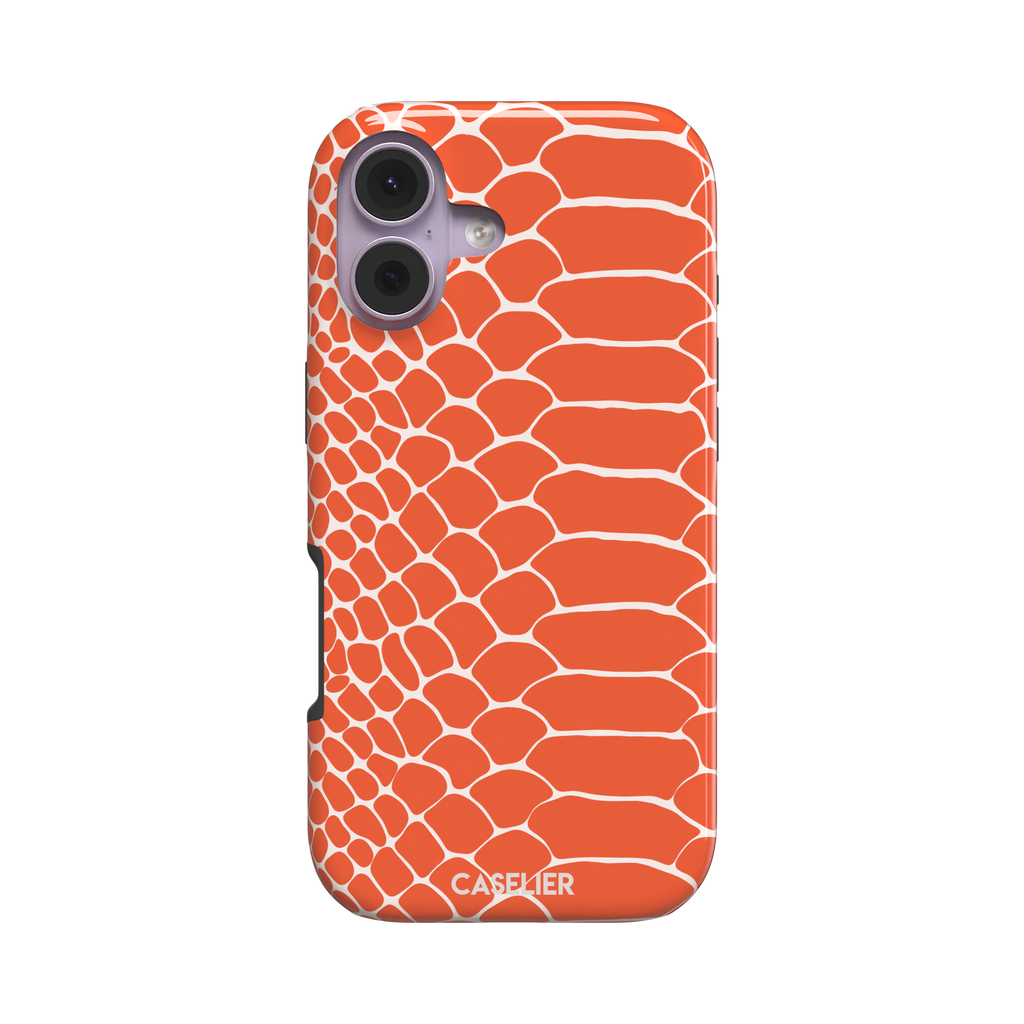 Coral orange and white snakeskin print phone case with crisp off-white scale outlines on a bold orange background, phone case by Caselier — tough case, front view