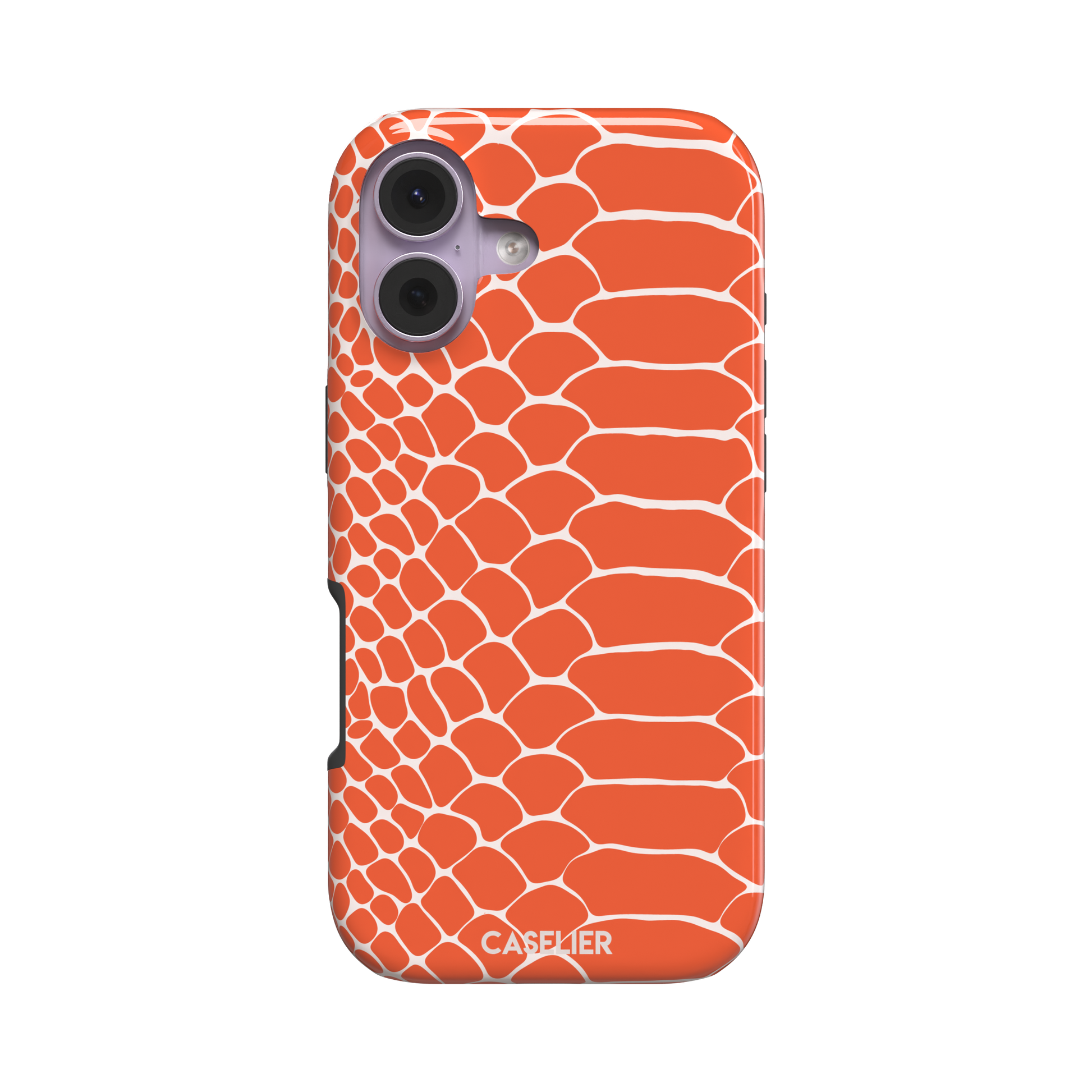 Coral orange and white snakeskin print phone case with crisp off-white scale outlines on a bold orange background, phone case by Caselier — tough case, front view
