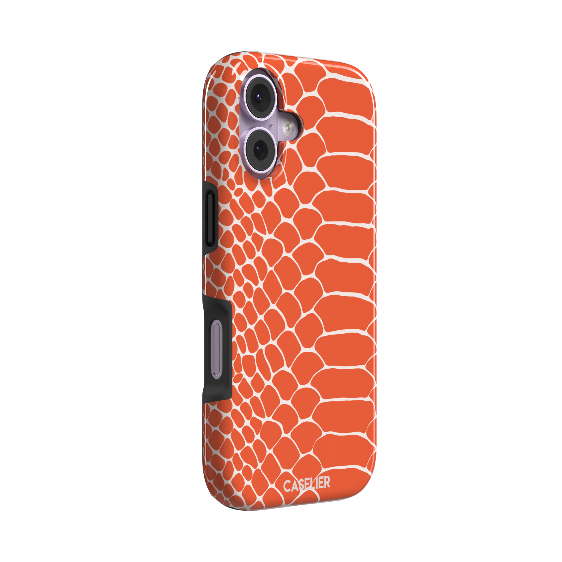 Coral orange and white snakeskin print phone case with crisp off-white scale outlines on a bold orange background, phone case by Caselier — tough case, left view