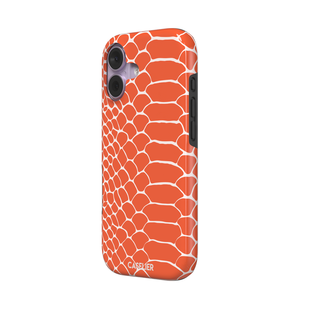 Coral orange and white snakeskin print phone case with crisp off-white scale outlines on a bold orange background, phone case by Caselier — tough case, right view