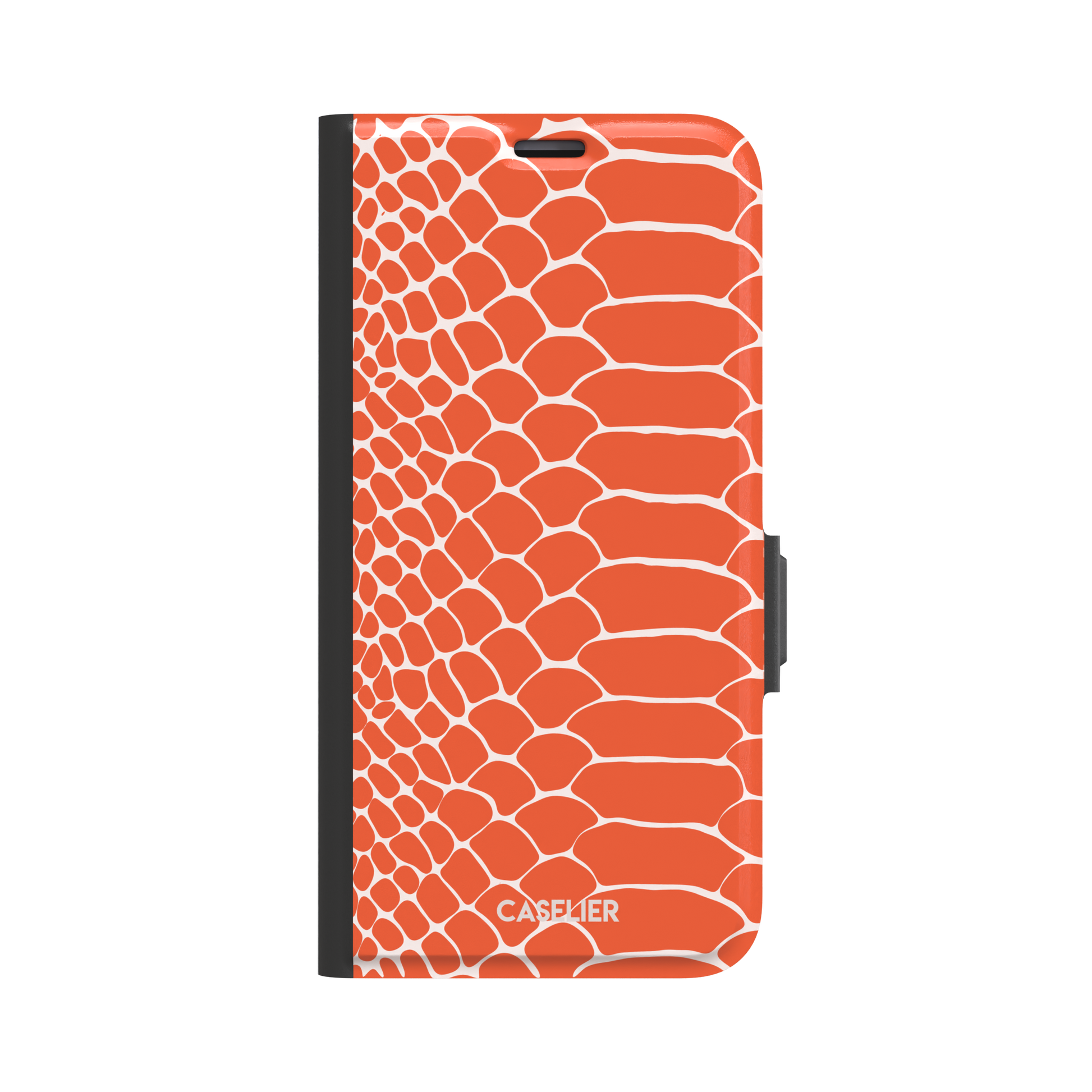 Coral orange and white snakeskin print phone case with crisp off-white scale outlines on a bold orange background, phone case by Caselier — wallet case, front view