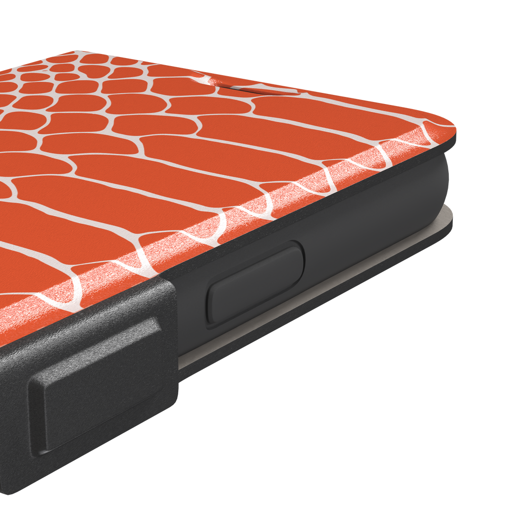 Coral orange and white snakeskin print phone case with crisp off-white scale outlines on a bold orange background, phone case by Caselier — wallet case, volume buttons detail
