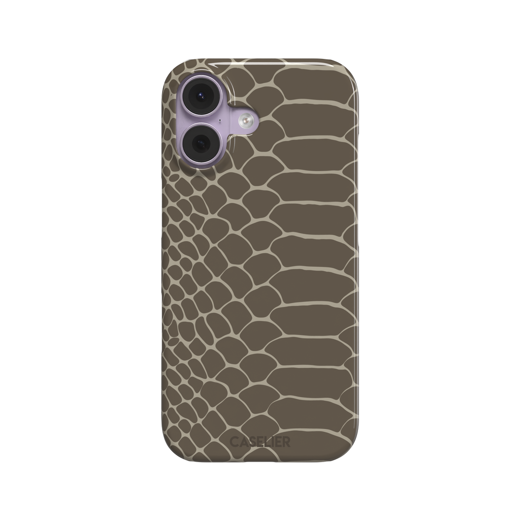 Khaki and taupe snakeskin print phone case with earthy brown scale outlines on a warm grey-brown base, phone case by Caselier — snap case, front view