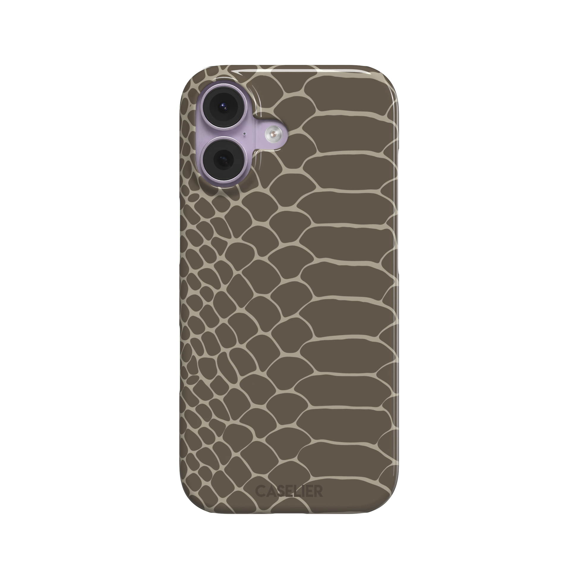 Khaki and taupe snakeskin print phone case with earthy brown scale outlines on a warm grey-brown base, phone case by Caselier — snap case, front view