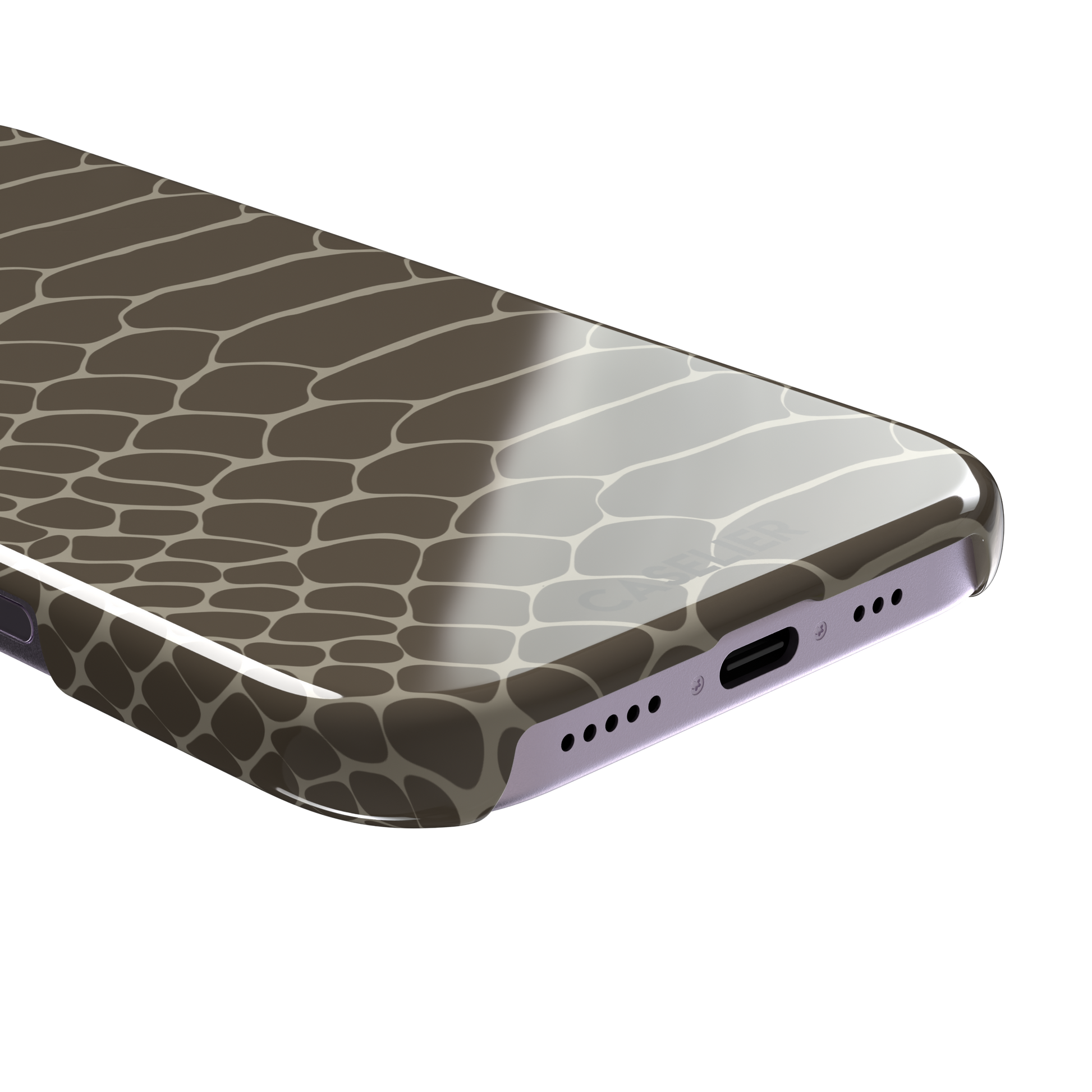 Khaki and taupe snakeskin print phone case with earthy brown scale outlines on a warm grey-brown base, phone case by Caselier — snap case, charging port detail