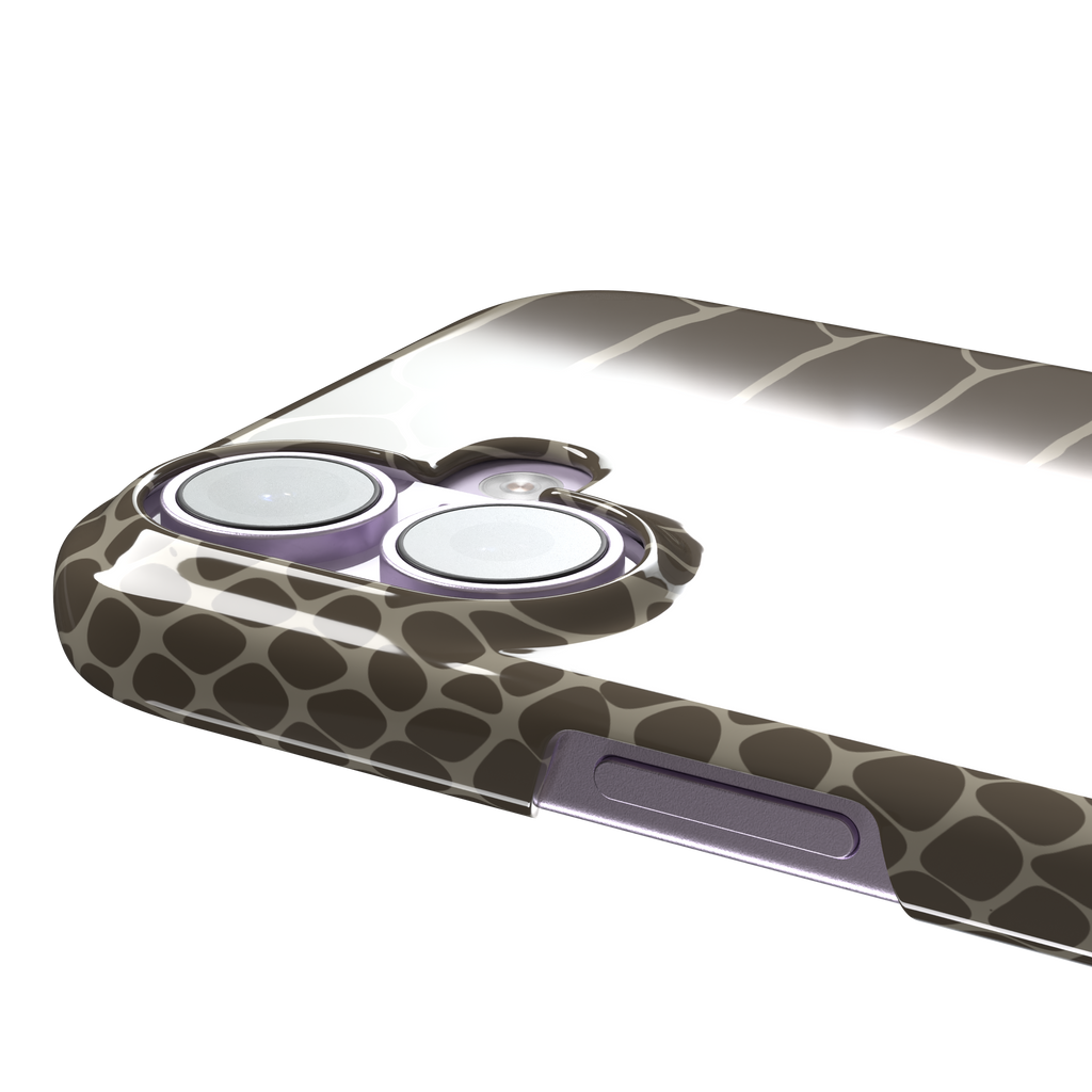 Khaki and taupe snakeskin print phone case with earthy brown scale outlines on a warm grey-brown base, phone case by Caselier — snap case, volume buttons detail