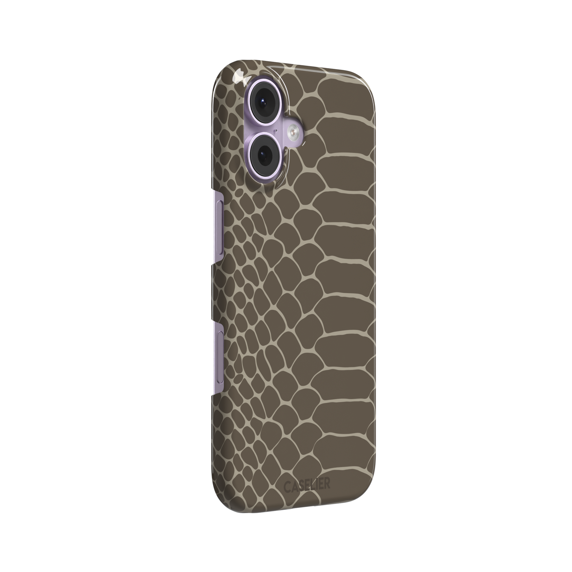 Khaki and taupe snakeskin print phone case with earthy brown scale outlines on a warm grey-brown base, phone case by Caselier — snap case, left view