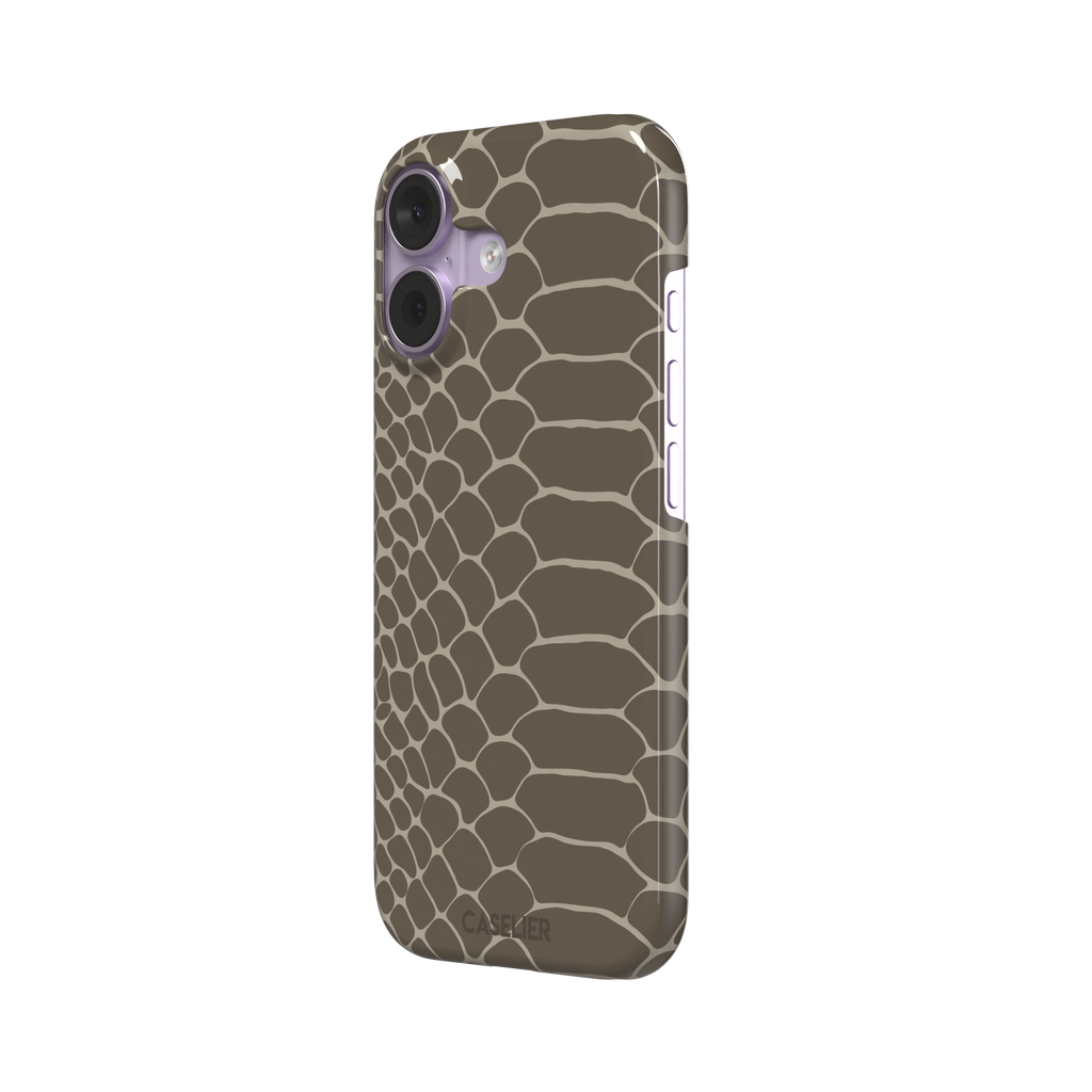 Khaki and taupe snakeskin print phone case with earthy brown scale outlines on a warm grey-brown base, phone case by Caselier — snap case, right view