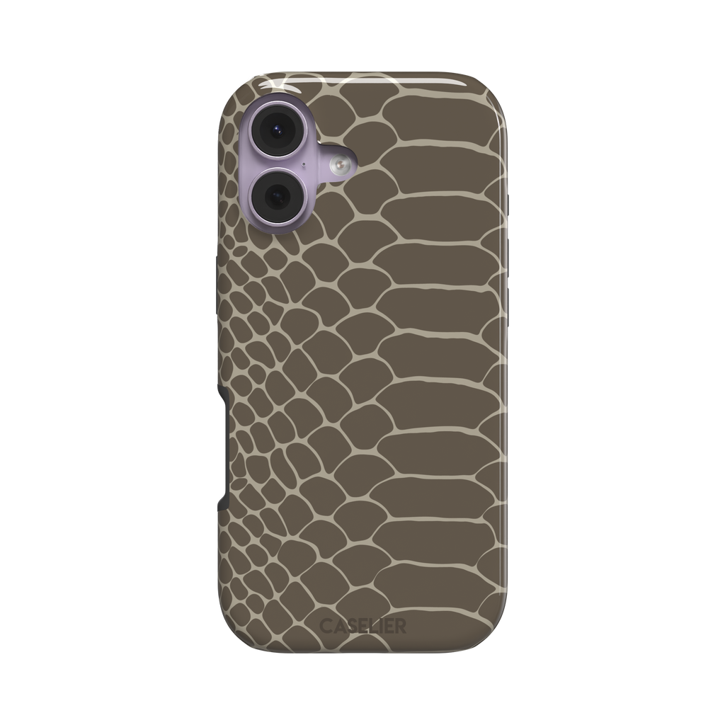 Khaki and taupe snakeskin print phone case with earthy brown scale outlines on a warm grey-brown base, phone case by Caselier — tough case, front view