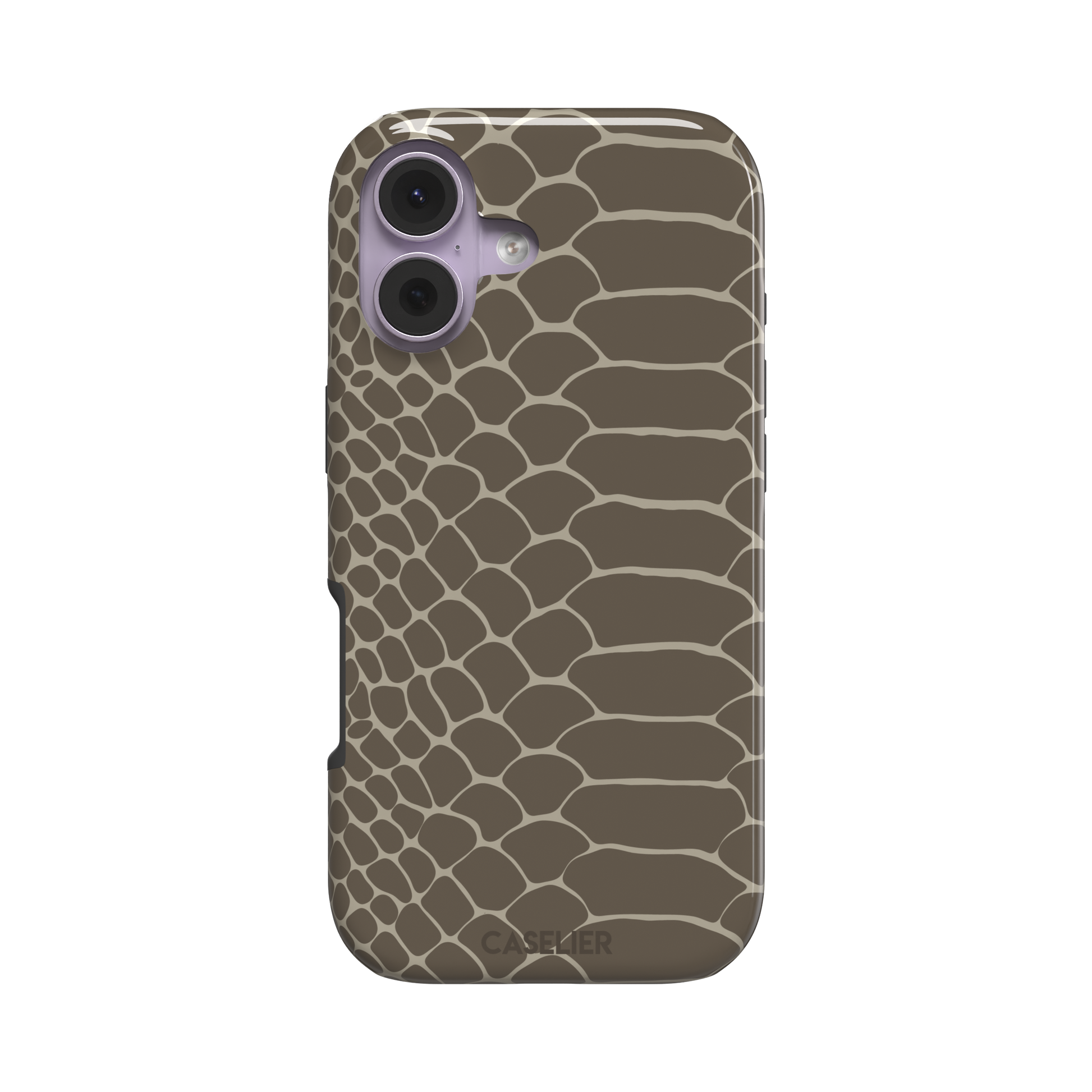 Khaki and taupe snakeskin print phone case with earthy brown scale outlines on a warm grey-brown base, phone case by Caselier — tough case, front view