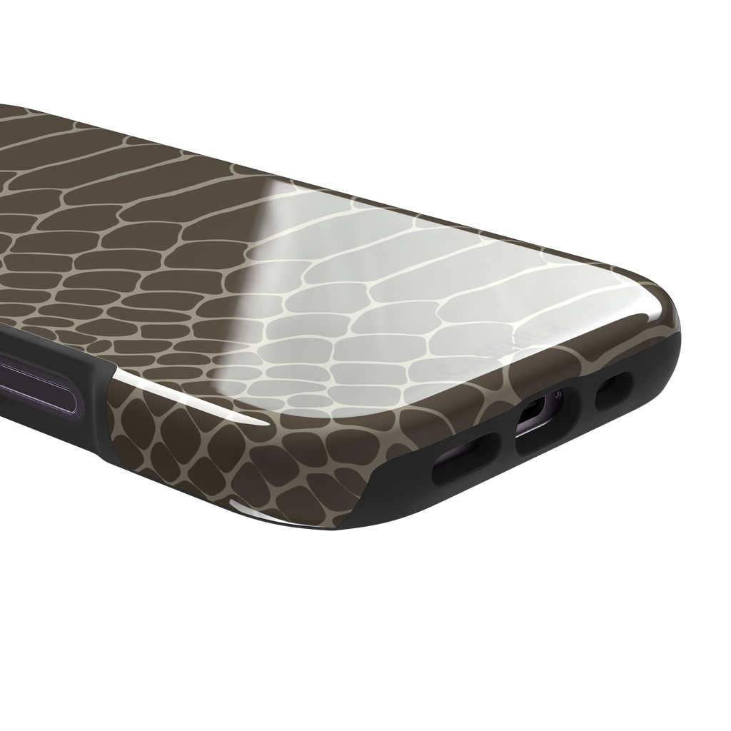 Khaki and taupe snakeskin print phone case with earthy brown scale outlines on a warm grey-brown base, phone case by Caselier — tough case, charging port detail