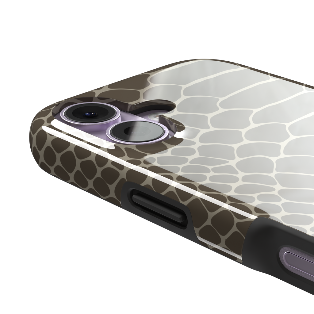 Khaki and taupe snakeskin print phone case with earthy brown scale outlines on a warm grey-brown base, phone case by Caselier — tough case, volume buttons detail