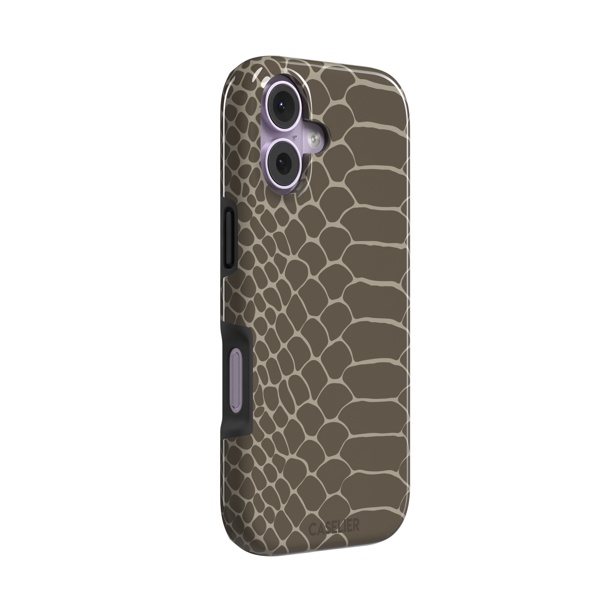 Khaki and taupe snakeskin print phone case with earthy brown scale outlines on a warm grey-brown base, phone case by Caselier — tough case, left view