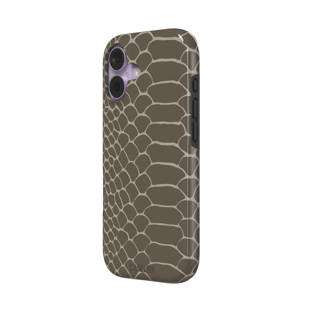 Khaki and taupe snakeskin print phone case with earthy brown scale outlines on a warm grey-brown base, phone case by Caselier — tough case, right view