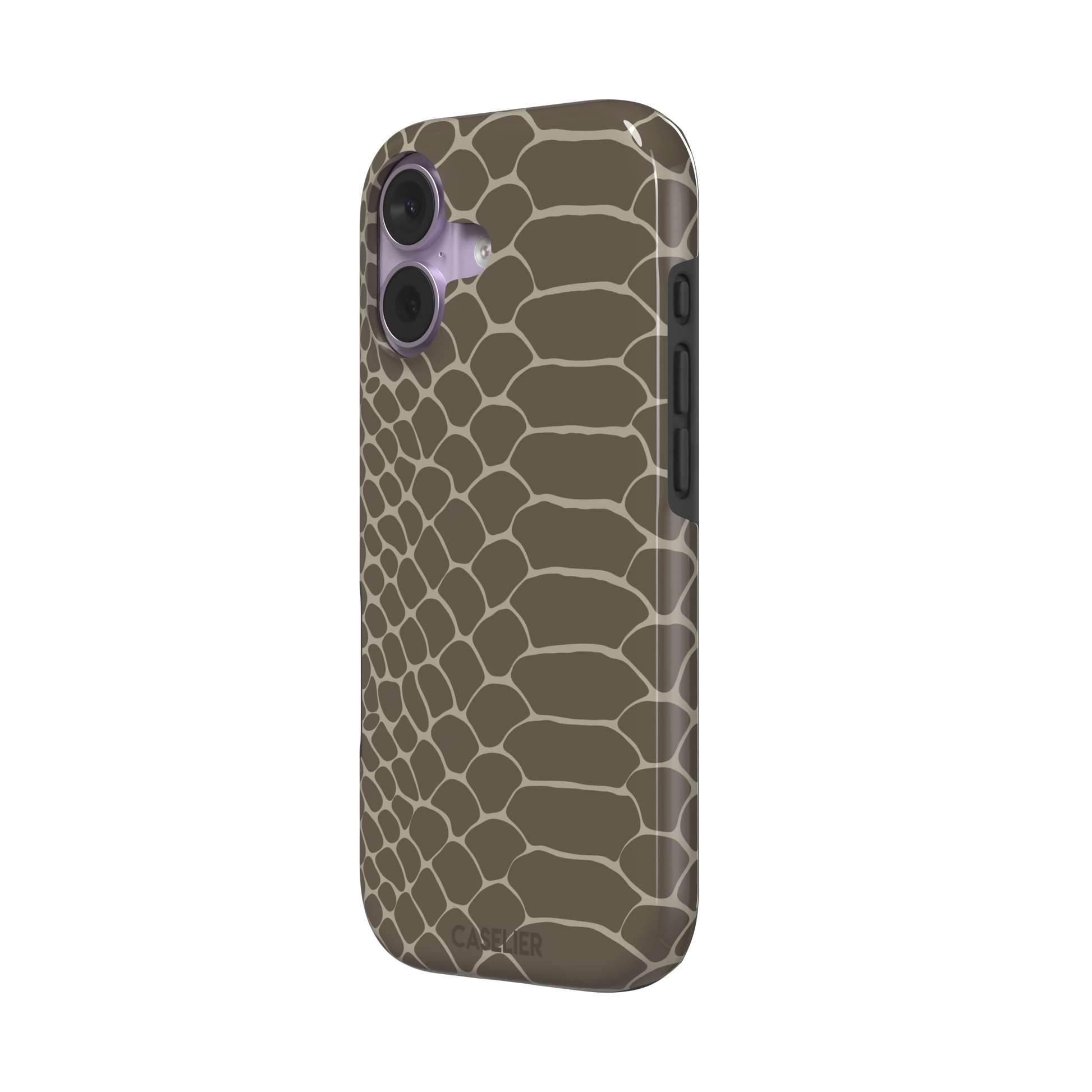 Khaki and taupe snakeskin print phone case with earthy brown scale outlines on a warm grey-brown base, phone case by Caselier — tough case, right view