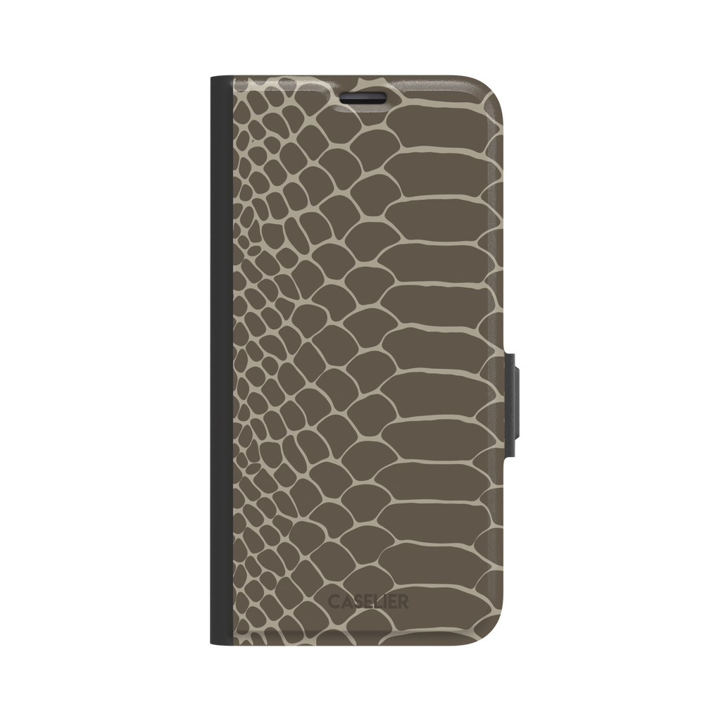 Khaki and taupe snakeskin print phone case with earthy brown scale outlines on a warm grey-brown base, phone case by Caselier — wallet case, front view