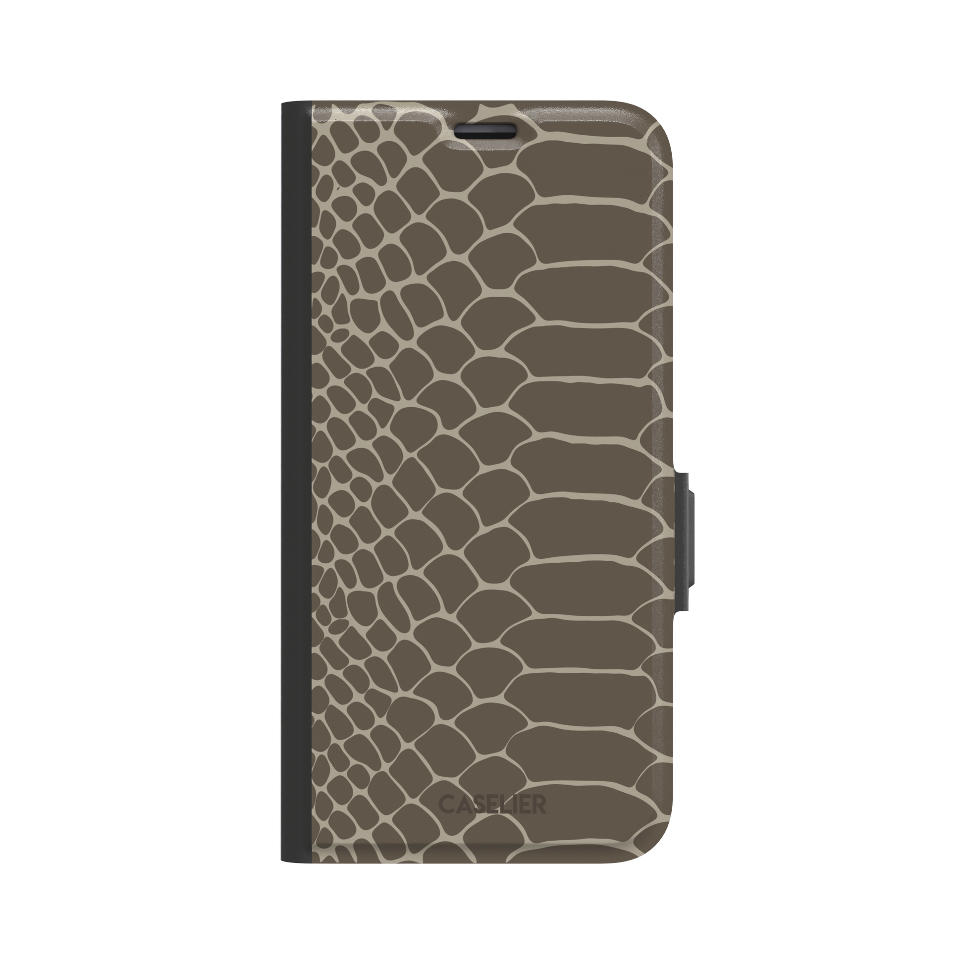 Khaki and taupe snakeskin print phone case with earthy brown scale outlines on a warm grey-brown base, phone case by Caselier — wallet case, front view
