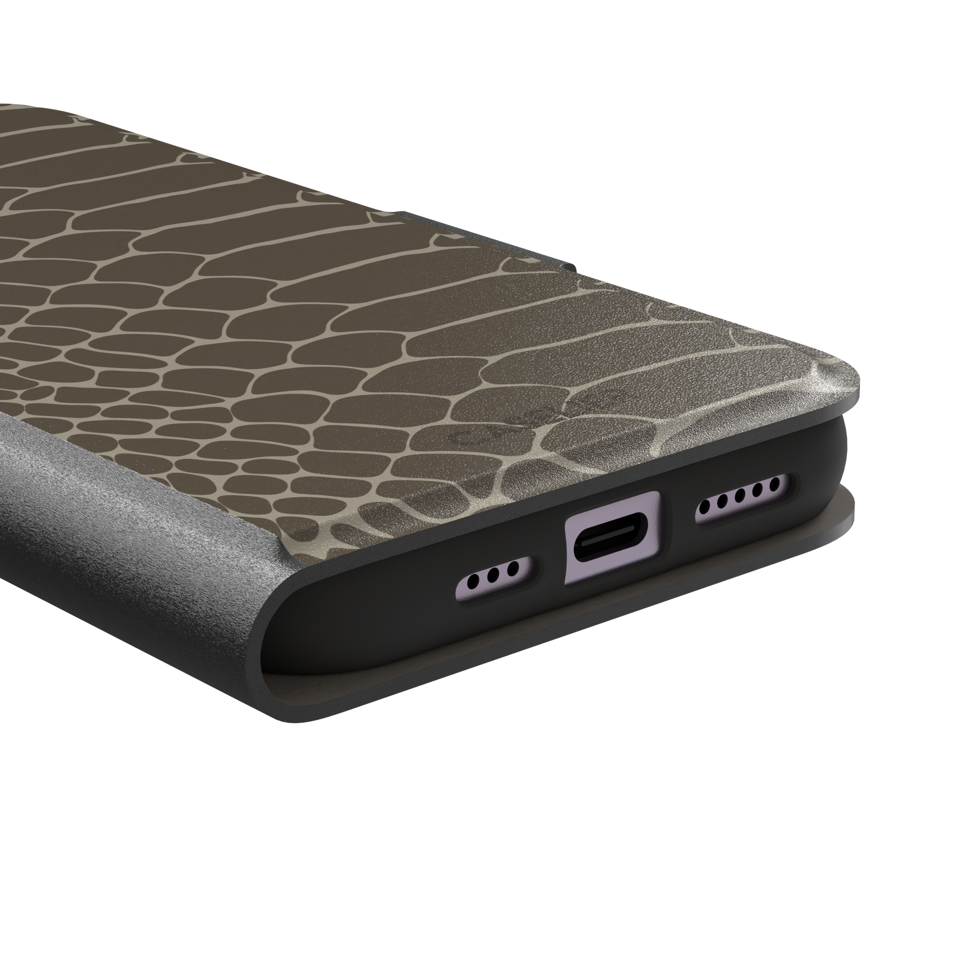 Khaki and taupe snakeskin print phone case with earthy brown scale outlines on a warm grey-brown base, phone case by Caselier — wallet case, charging port detail