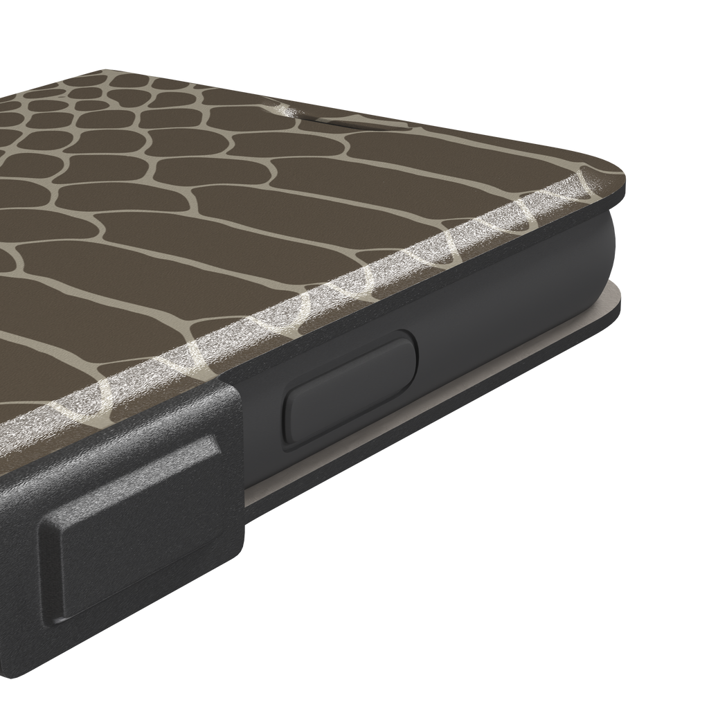 Khaki and taupe snakeskin print phone case with earthy brown scale outlines on a warm grey-brown base, phone case by Caselier — wallet case, volume buttons detail