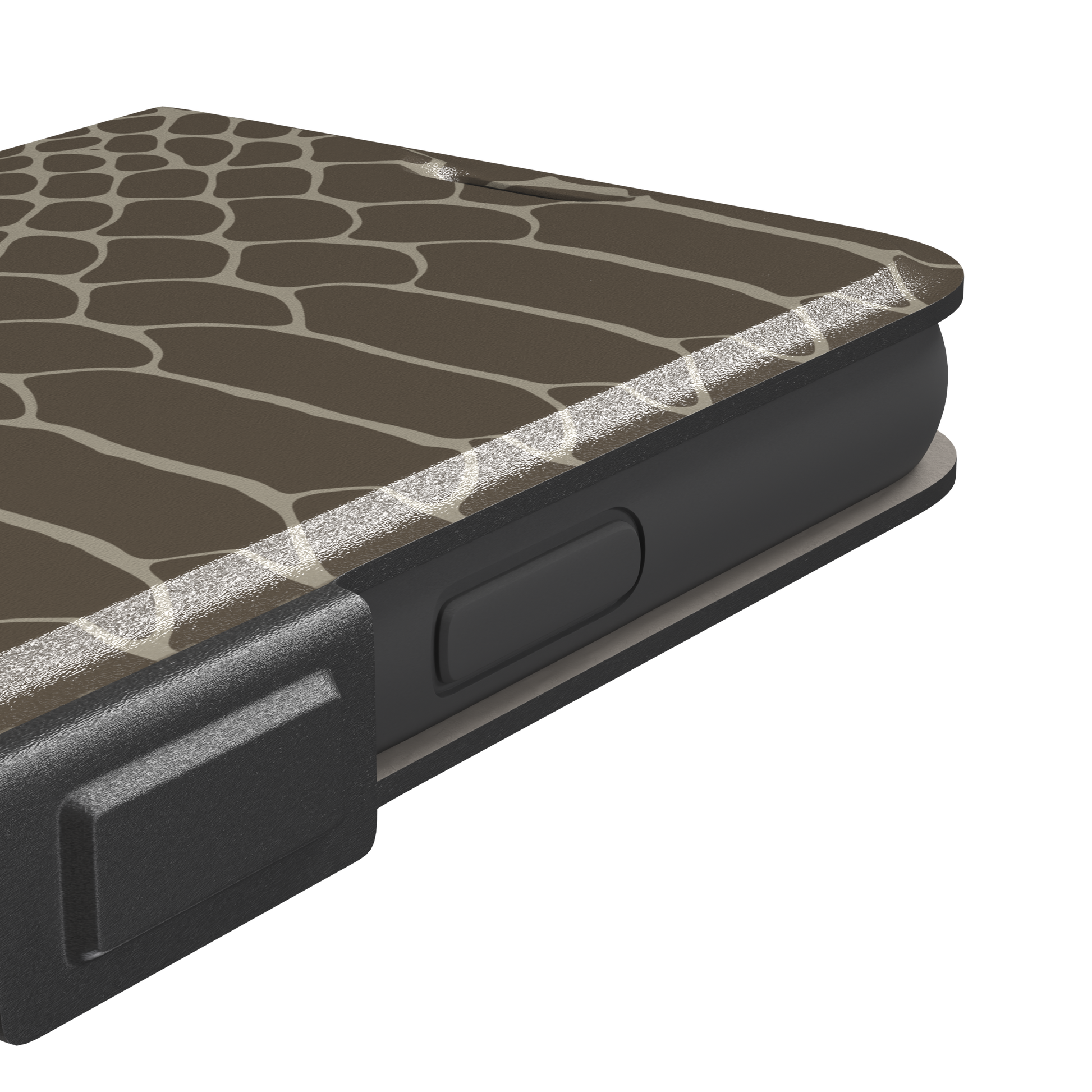 Khaki and taupe snakeskin print phone case with earthy brown scale outlines on a warm grey-brown base, phone case by Caselier — wallet case, volume buttons detail