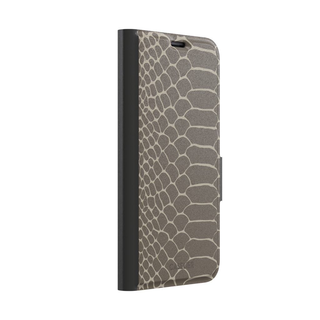 Khaki and taupe snakeskin print phone case with earthy brown scale outlines on a warm grey-brown base, phone case by Caselier — wallet case, left view