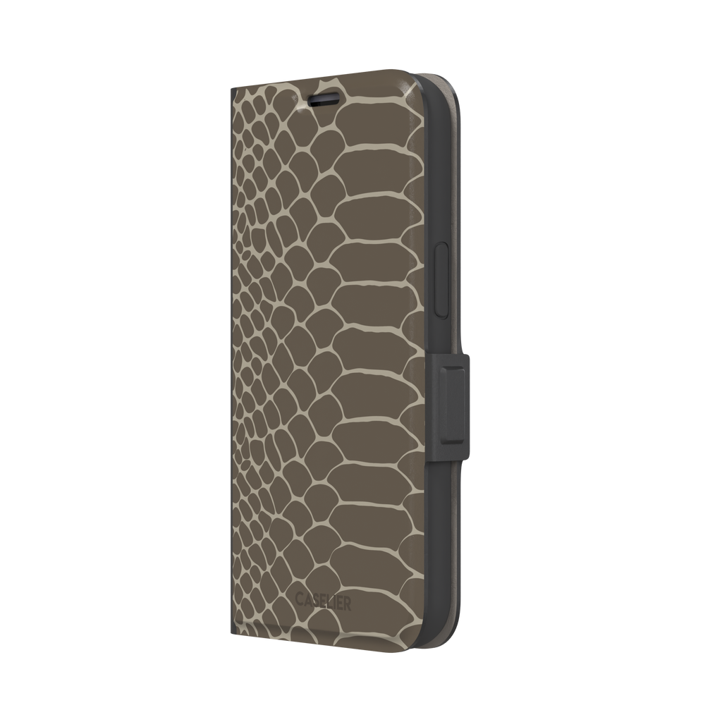 Khaki and taupe snakeskin print phone case with earthy brown scale outlines on a warm grey-brown base, phone case by Caselier — wallet case, right view