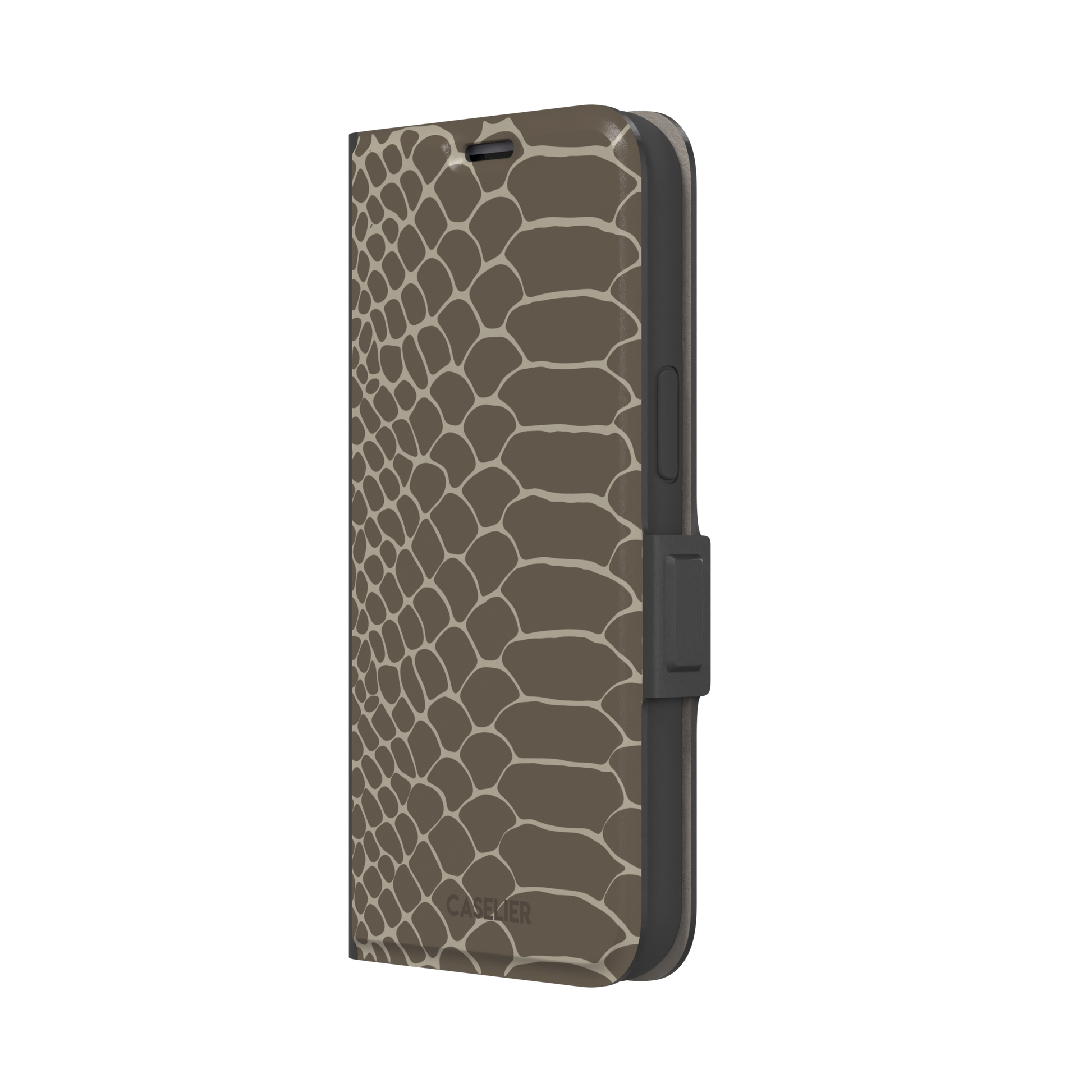 Khaki and taupe snakeskin print phone case with earthy brown scale outlines on a warm grey-brown base, phone case by Caselier — wallet case, right view