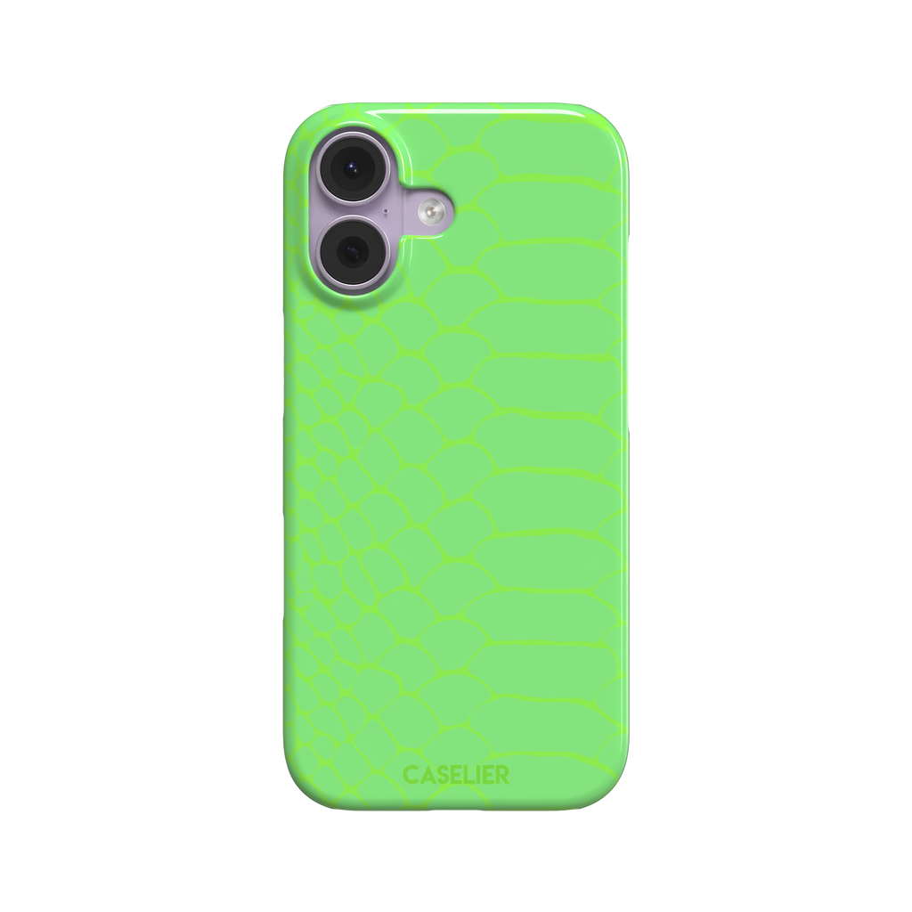 Neon green-on-green snakeskin print phone case with tone-on-tone scale texture, phone case by Caselier — snap case, front view