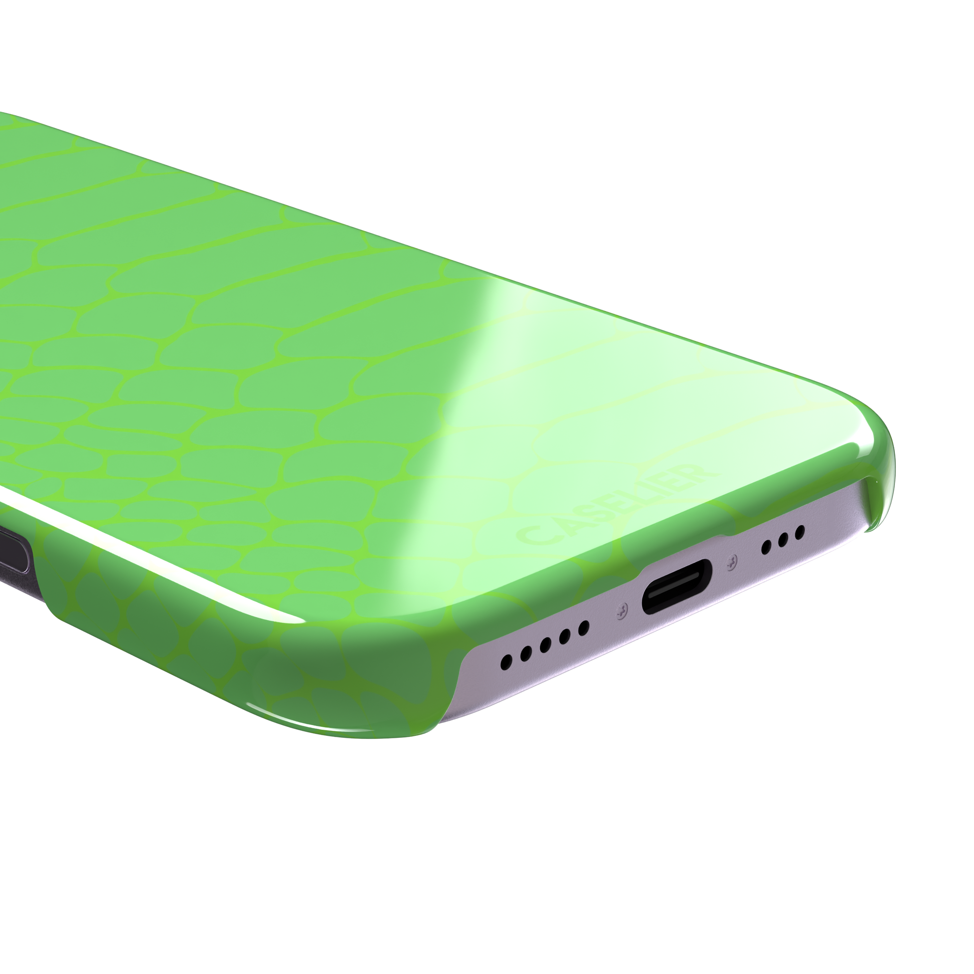Neon green-on-green snakeskin print phone case with tone-on-tone scale texture, phone case by Caselier — snap case, charging port detail