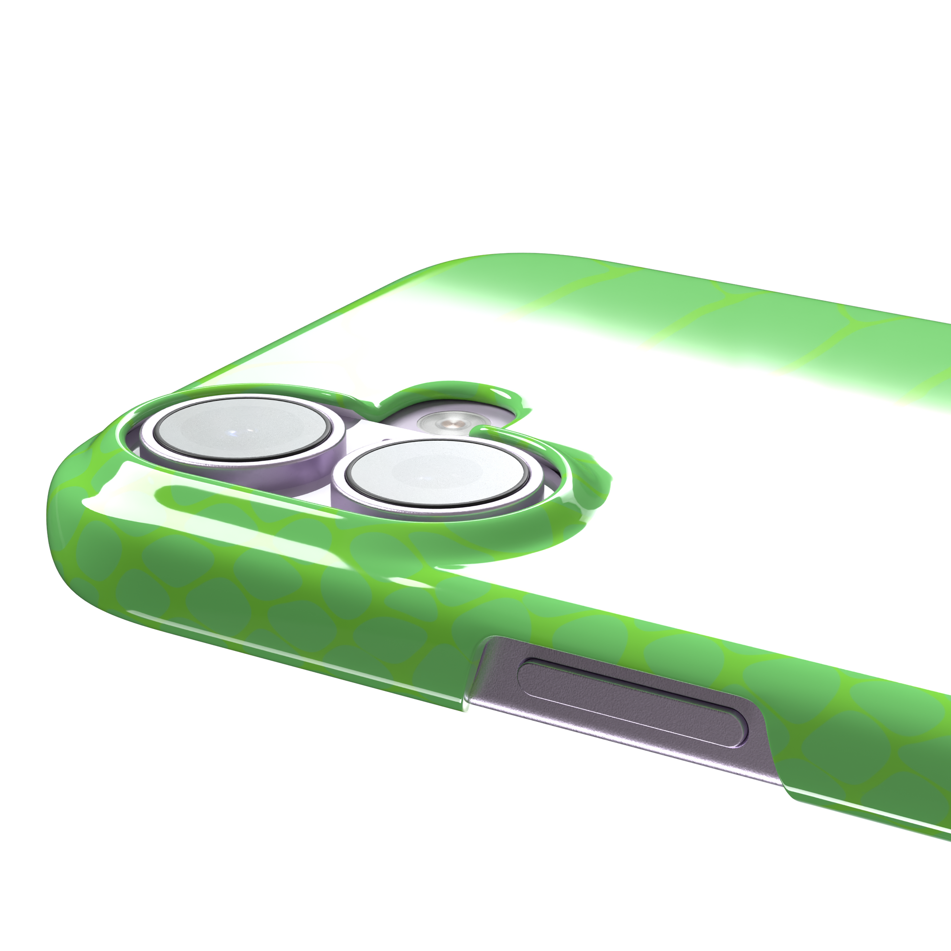 Neon green-on-green snakeskin print phone case with tone-on-tone scale texture, phone case by Caselier — snap case, volume buttons detail