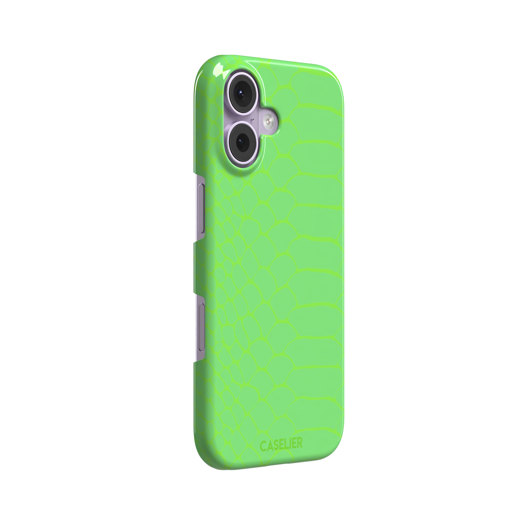 Neon green-on-green snakeskin print phone case with tone-on-tone scale texture, phone case by Caselier — snap case, left view