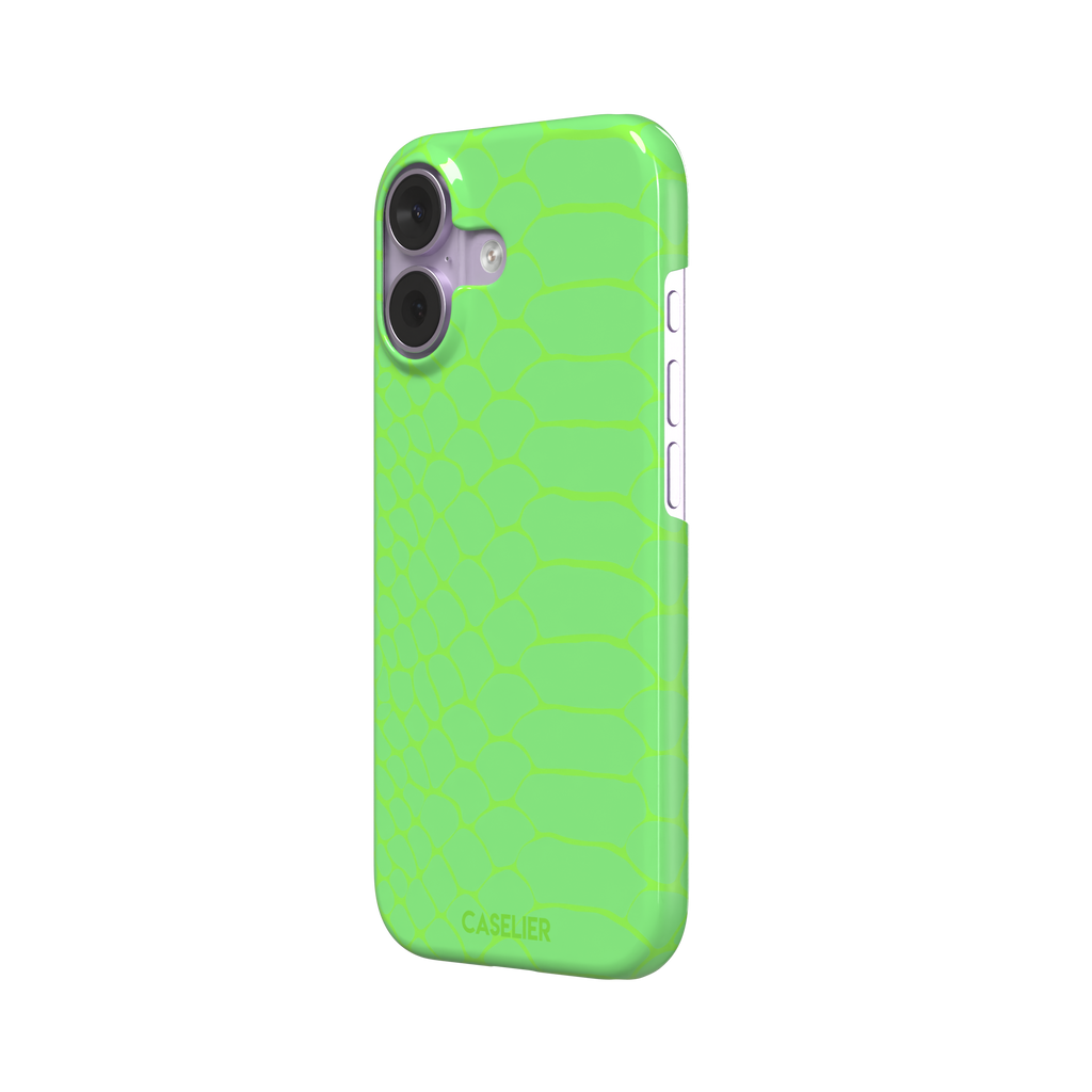 Neon green-on-green snakeskin print phone case with tone-on-tone scale texture, phone case by Caselier — snap case, right view