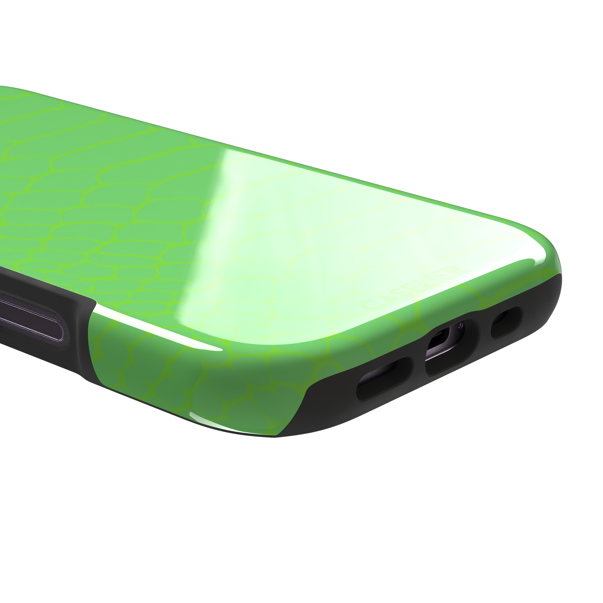 Neon green-on-green snakeskin print phone case with tone-on-tone scale texture, phone case by Caselier — tough case, charging port detail