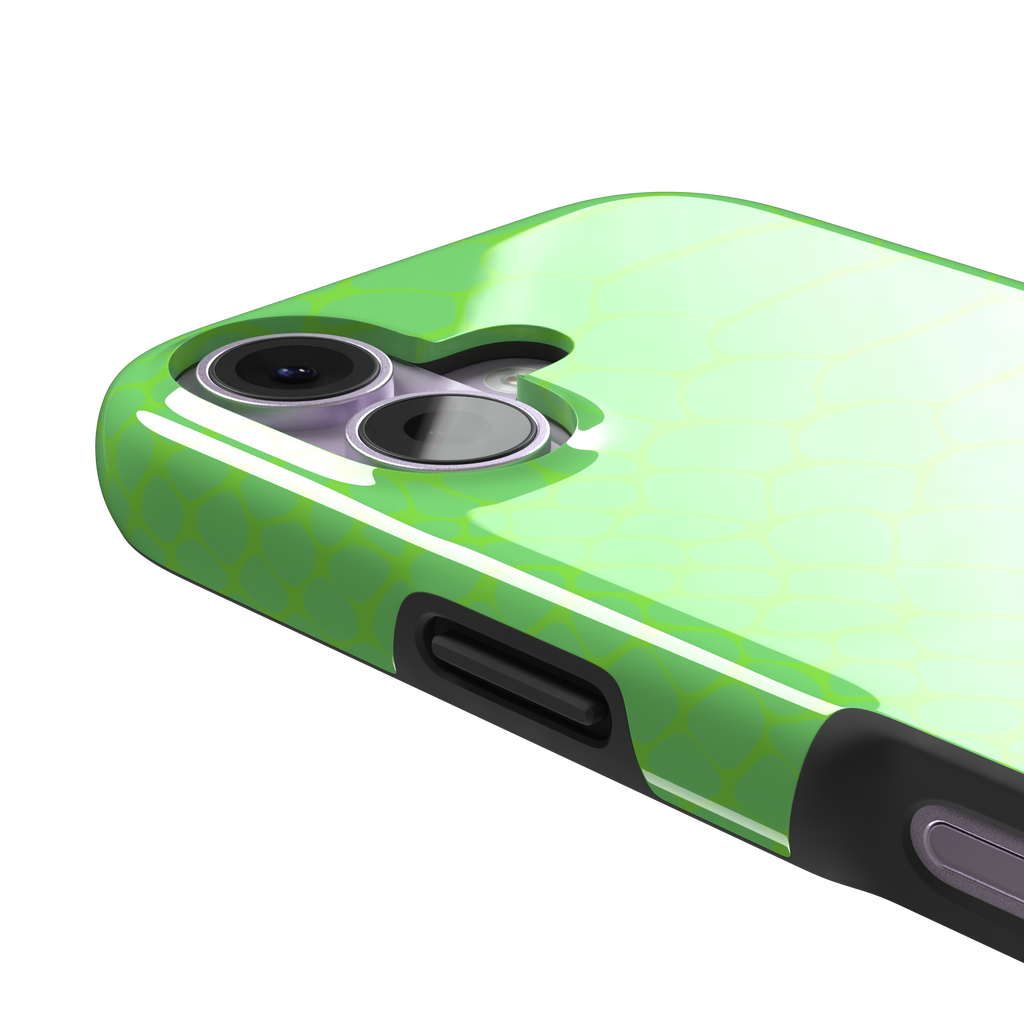 Neon green-on-green snakeskin print phone case with tone-on-tone scale texture, phone case by Caselier — tough case, volume buttons detail