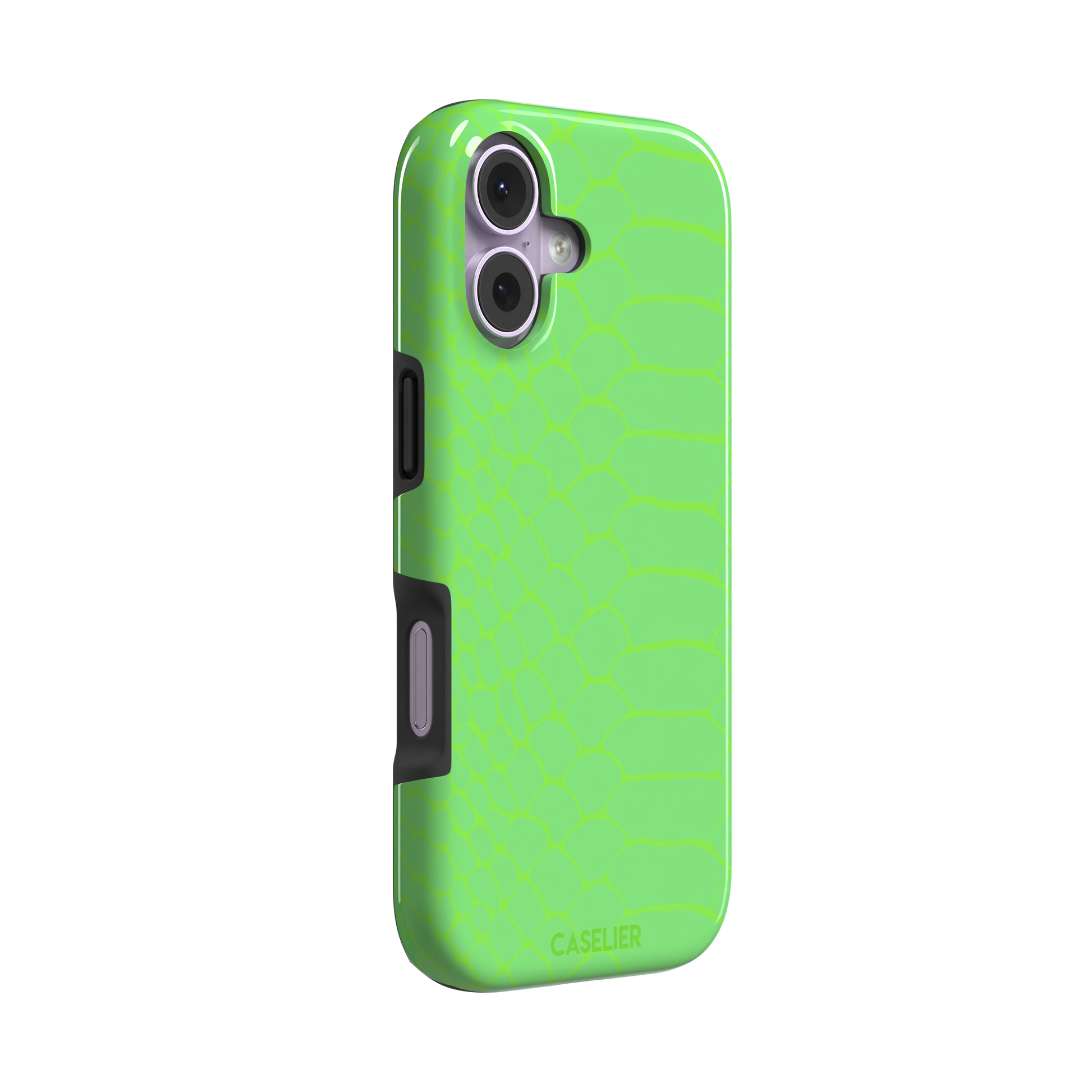 Neon green-on-green snakeskin print phone case with tone-on-tone scale texture, phone case by Caselier — tough case, left view