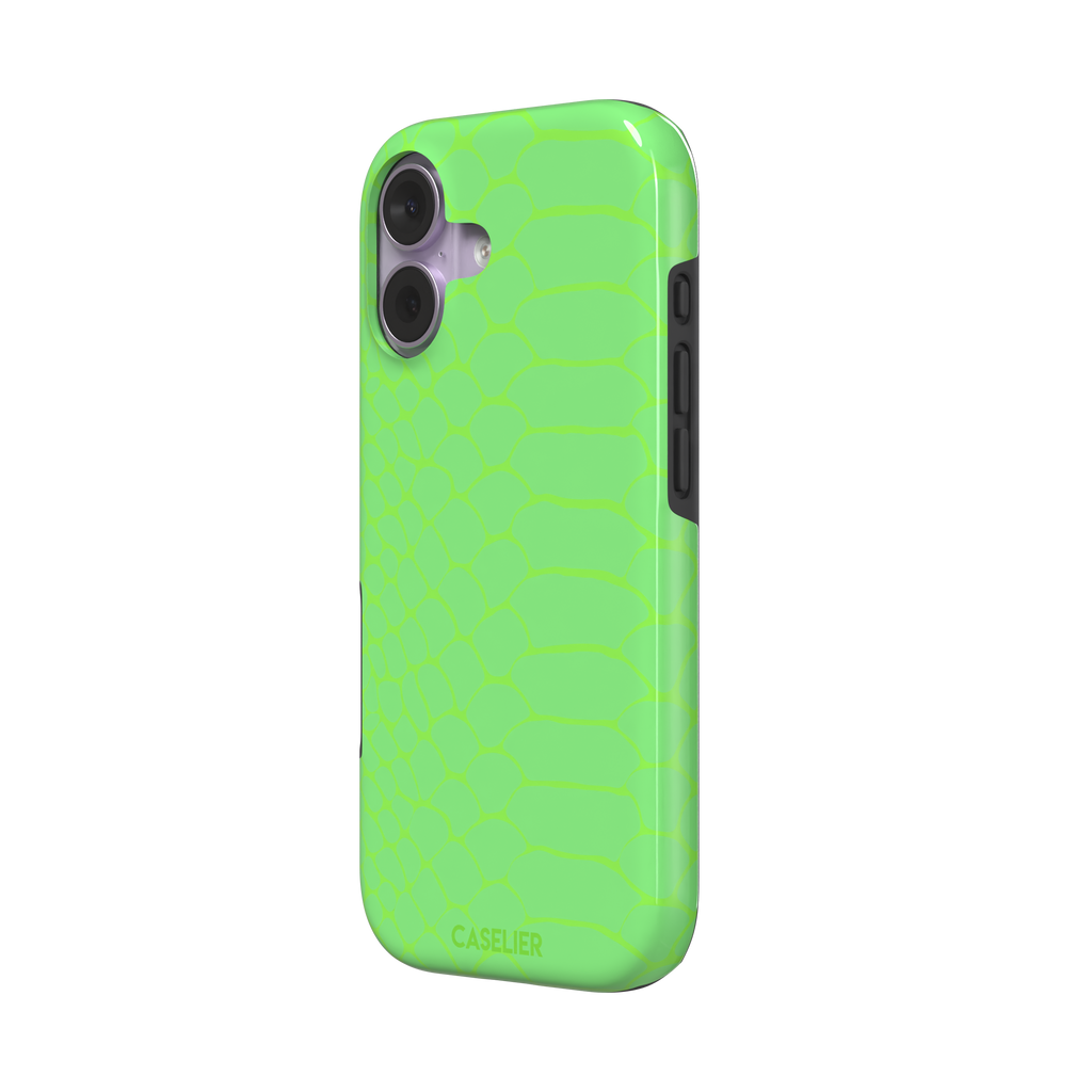 Neon green-on-green snakeskin print phone case with tone-on-tone scale texture, phone case by Caselier — tough case, right view